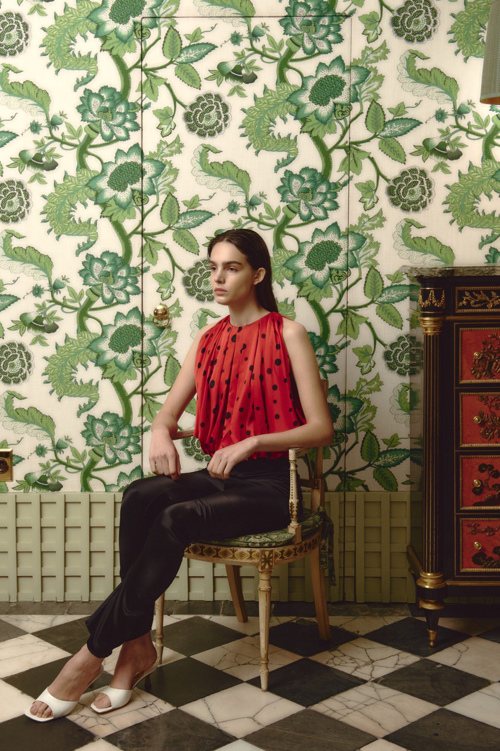 red silk sleeveless top with polka dots