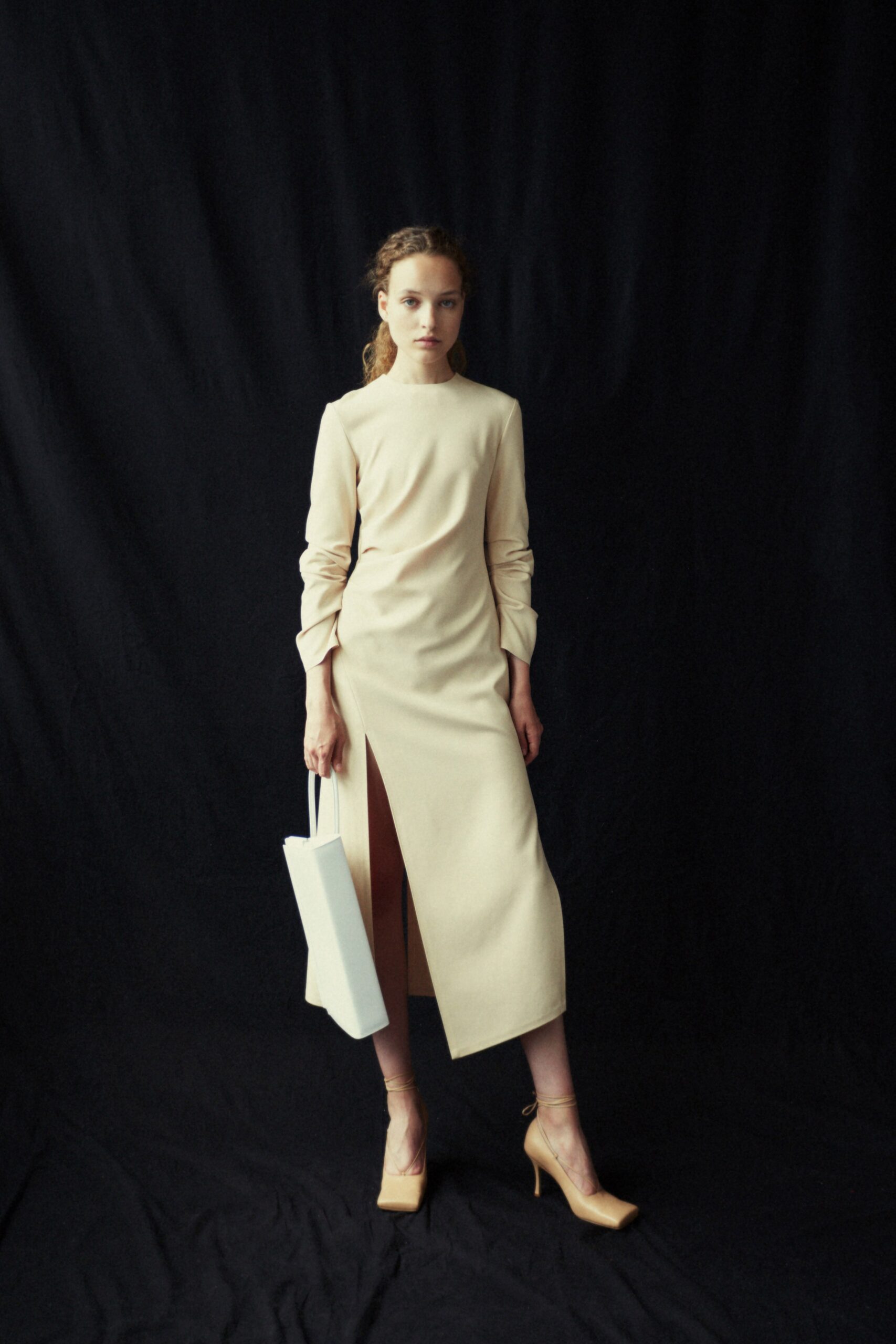 beige cotton long-sleeve high-neck fitted straight-leg midi dress