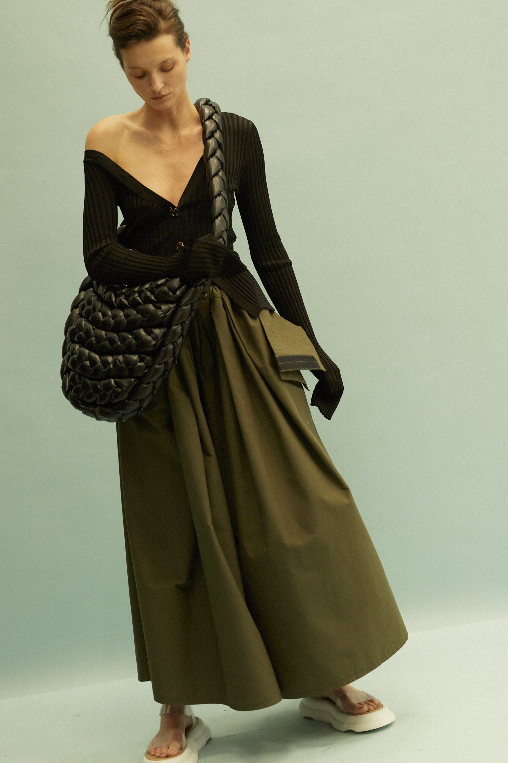 green cotton relaxed a-line maxi skirt