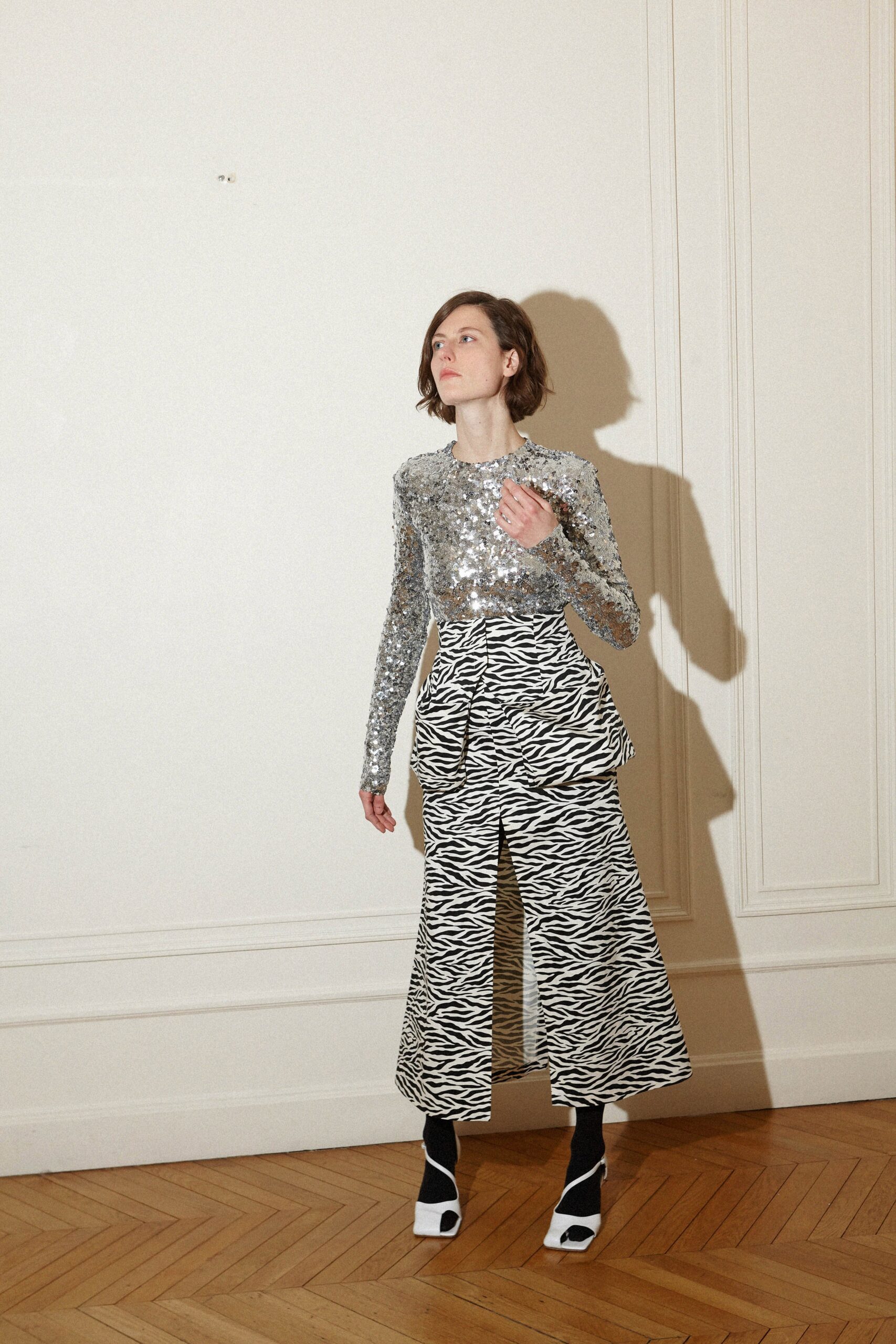 silver sequin top with printed pants