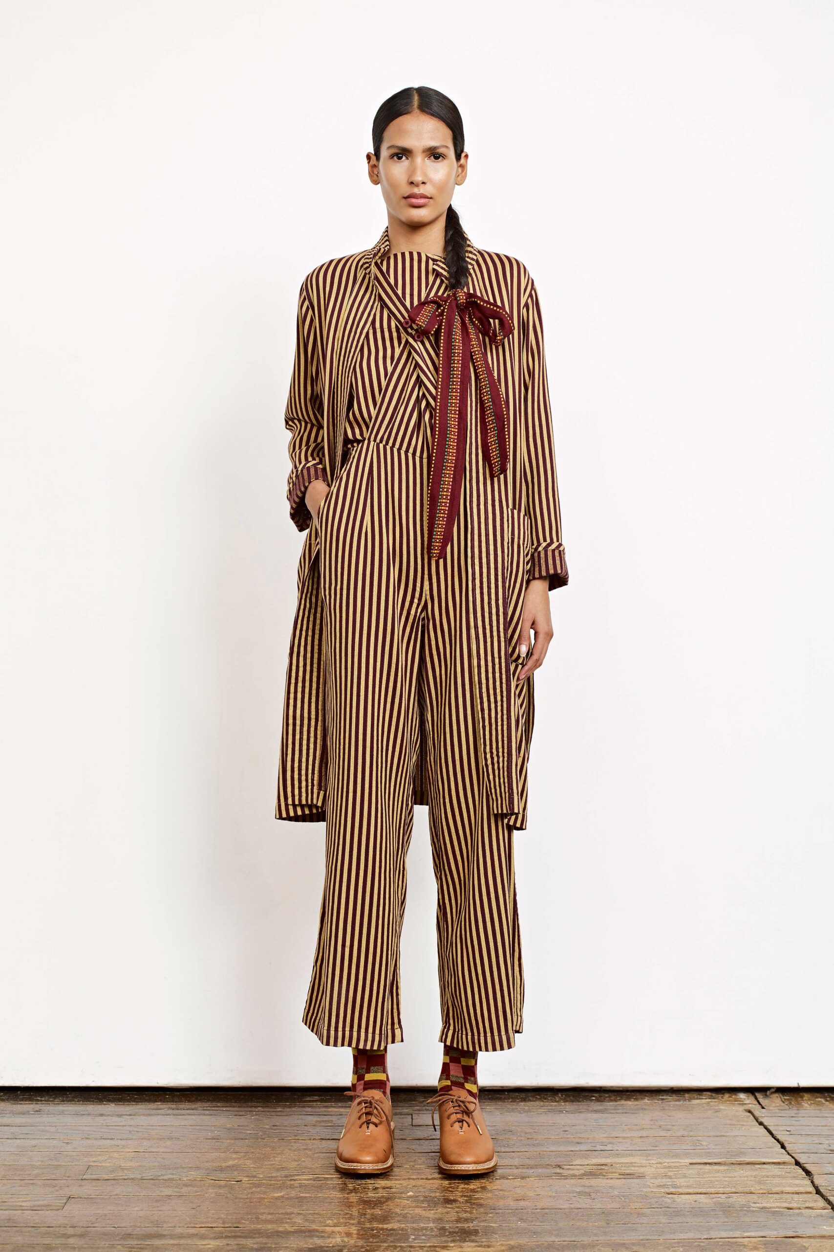 striped brown and red jumpsuit with coat