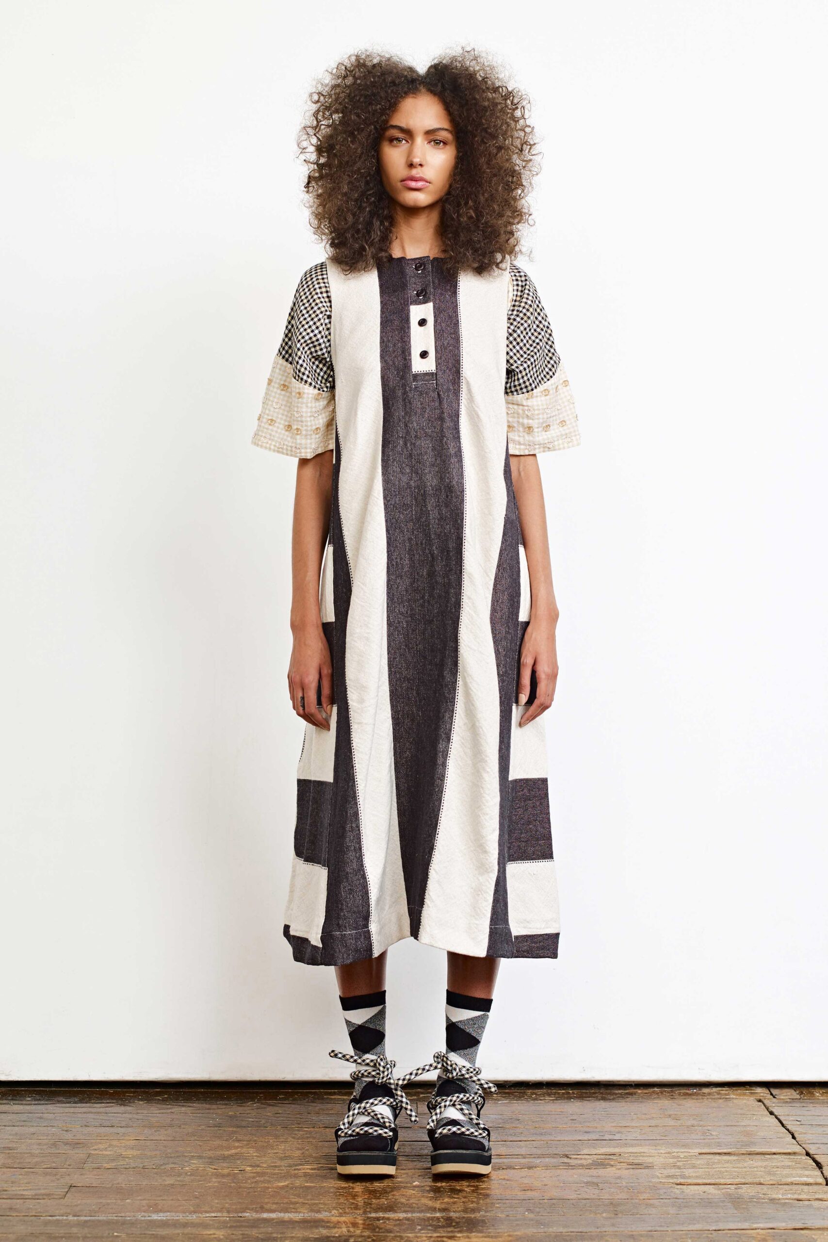 black cotton short-sleeve collared relaxed layered buttoned dress