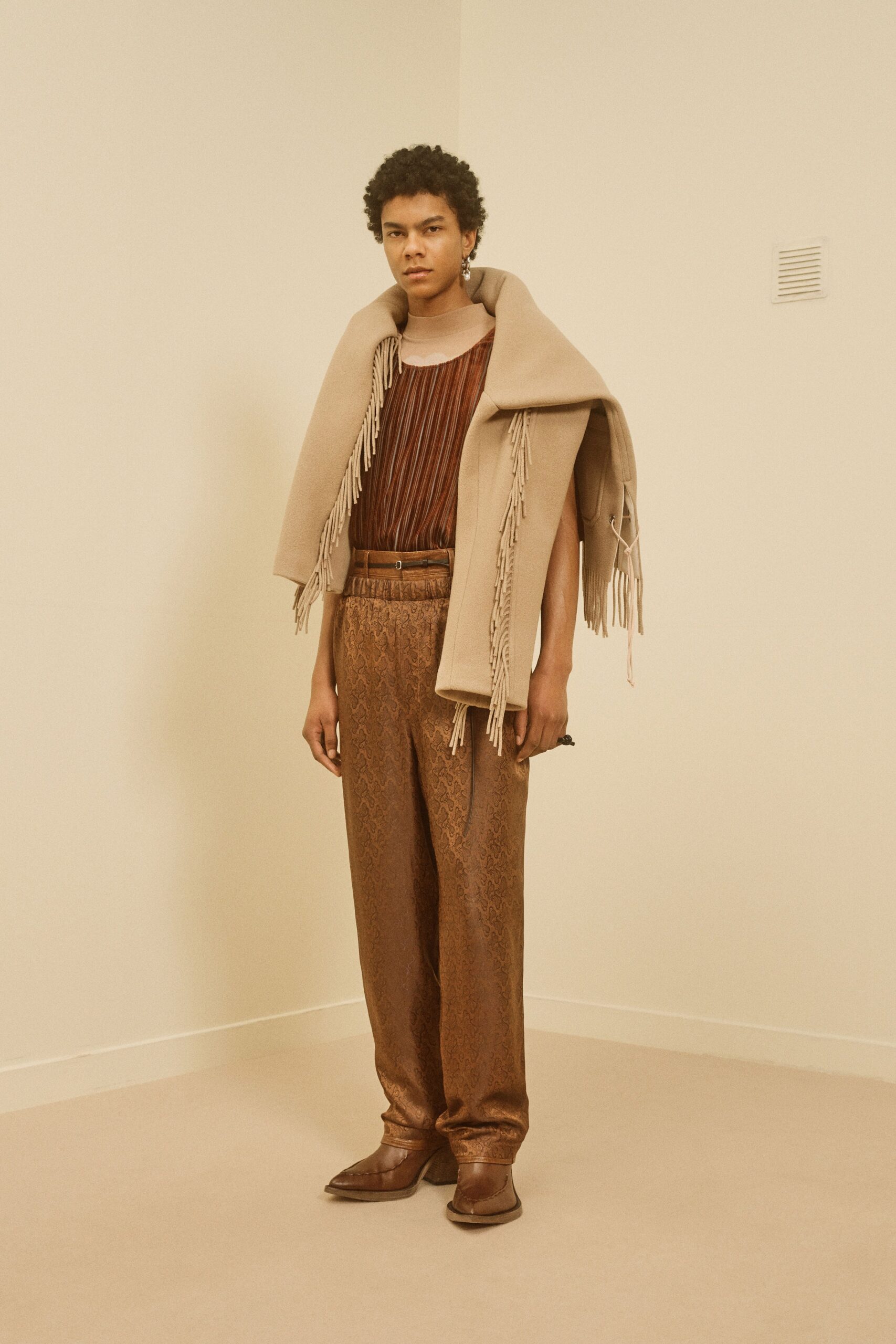 beige wool fringed scarf