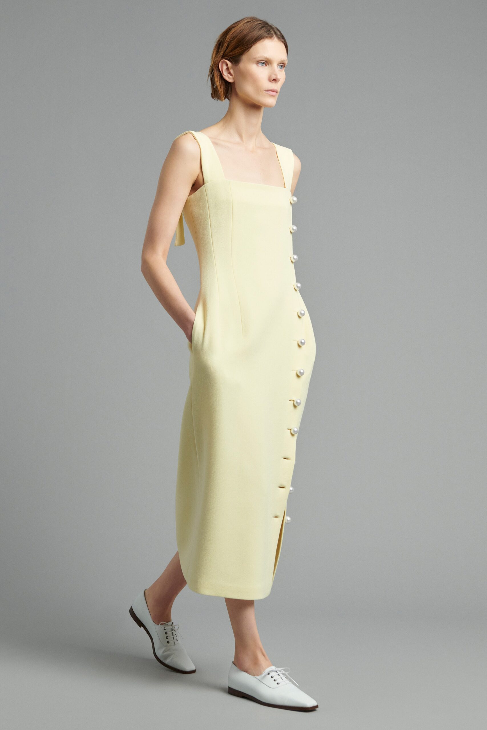 yellow cotton sleeveless square-neck fitted buttoned midi dress