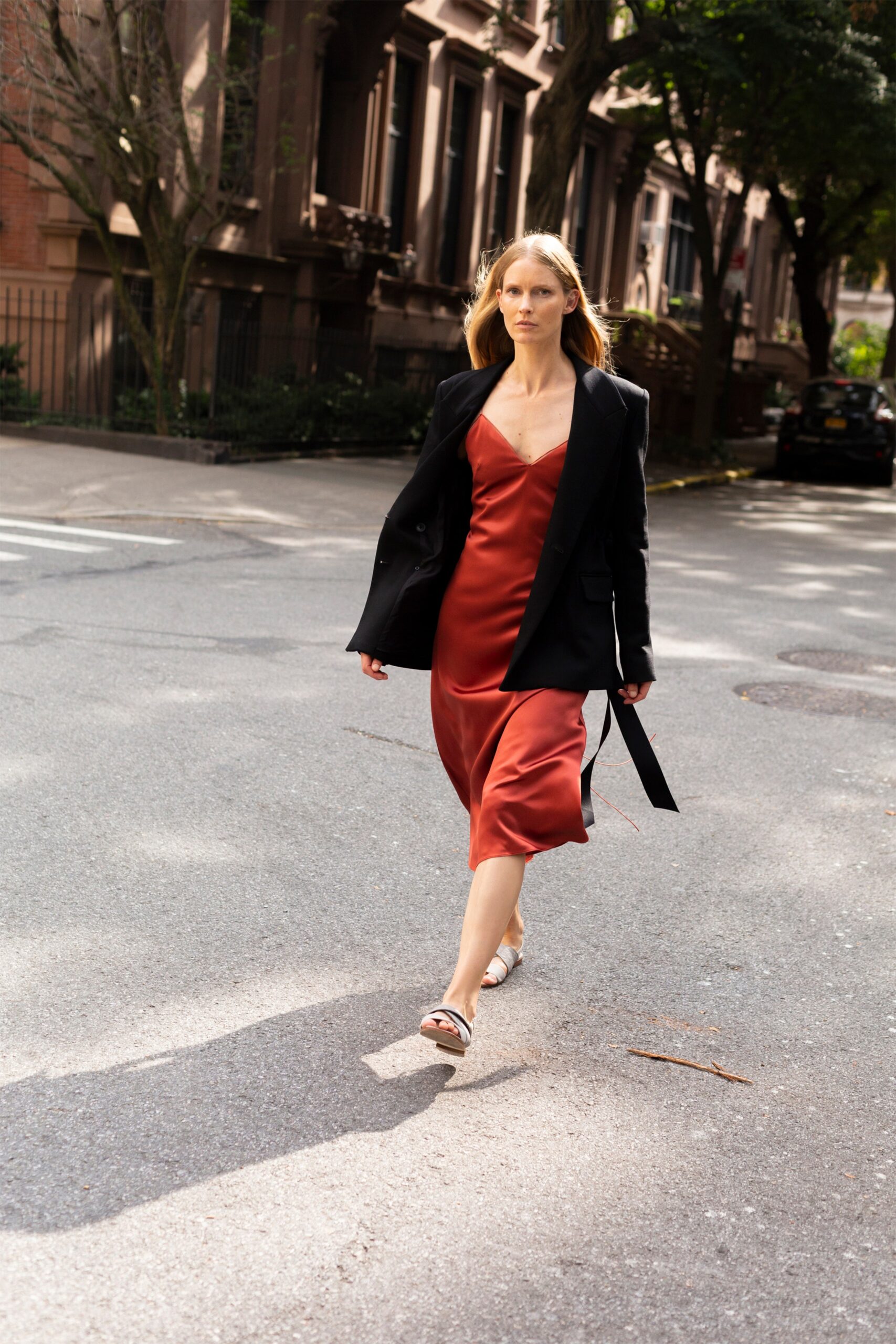 red silk sleeveless v-neck fitted straight-leg midi dress
