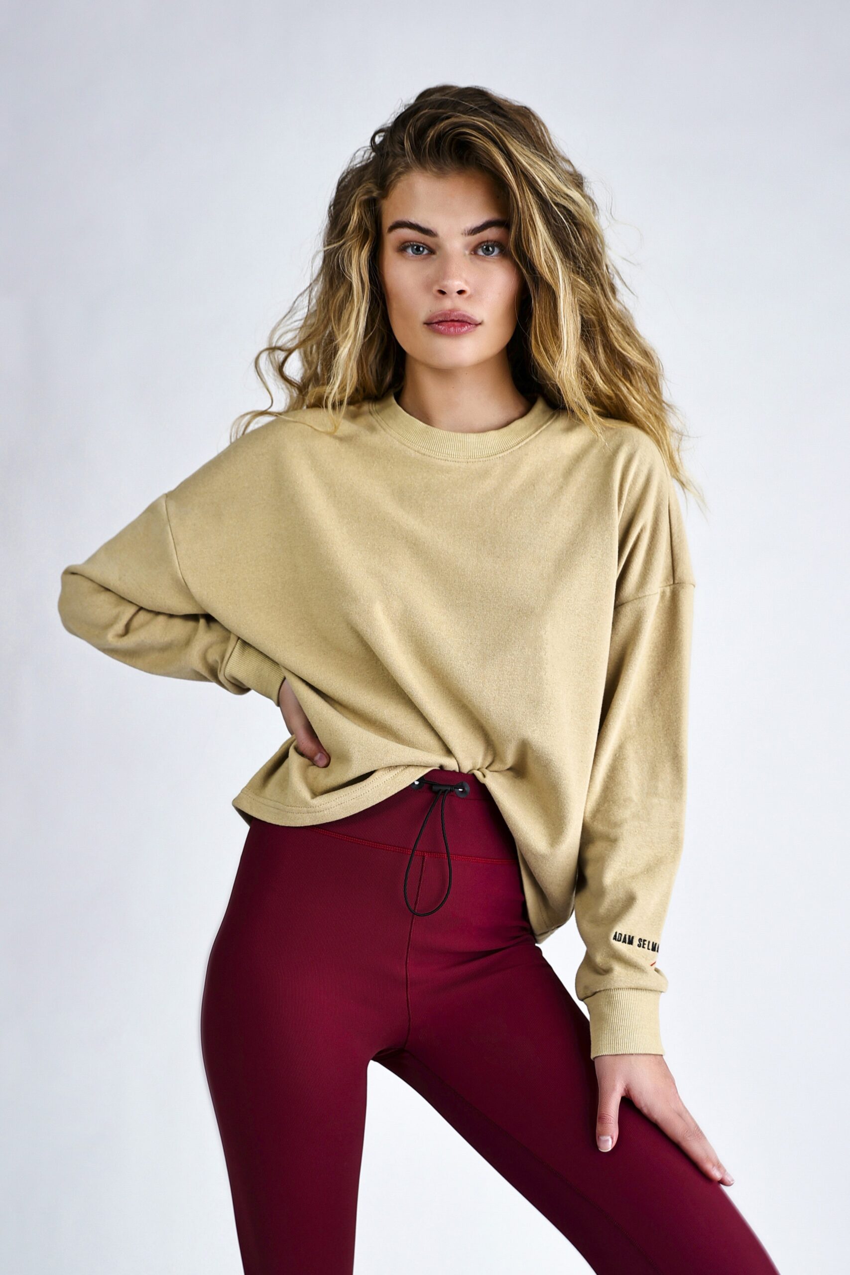 beige cotton long-sleeve collared relaxed cropped top