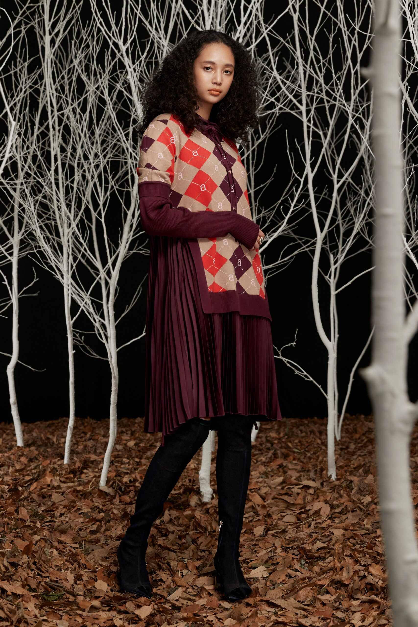purple cotton long-sleeve collared fitted pleated color-blocked dress