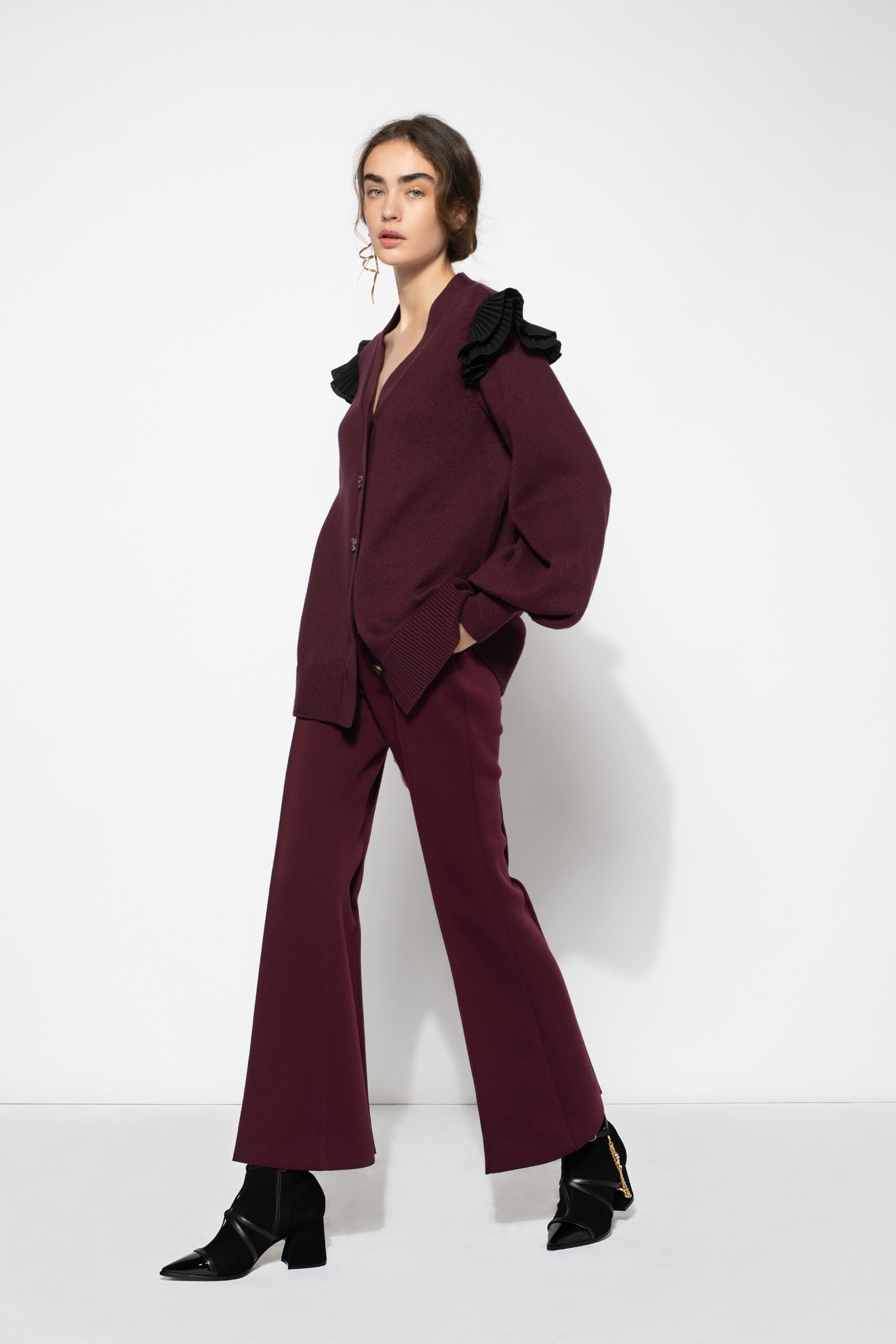 maroon wool long-sleeve collared relaxed layered cardigan