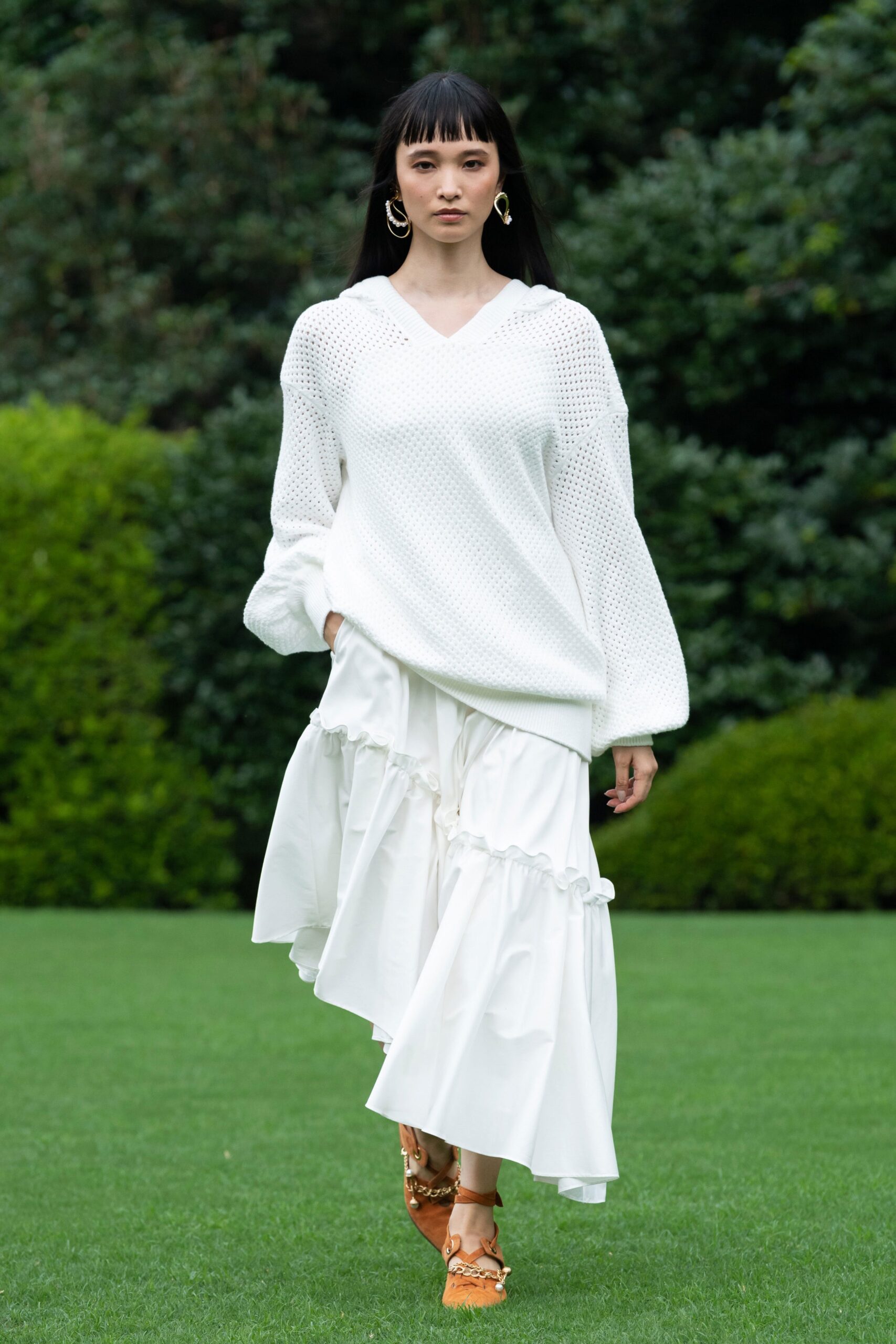 white cotton asymmetric fitted tiered midi skirt