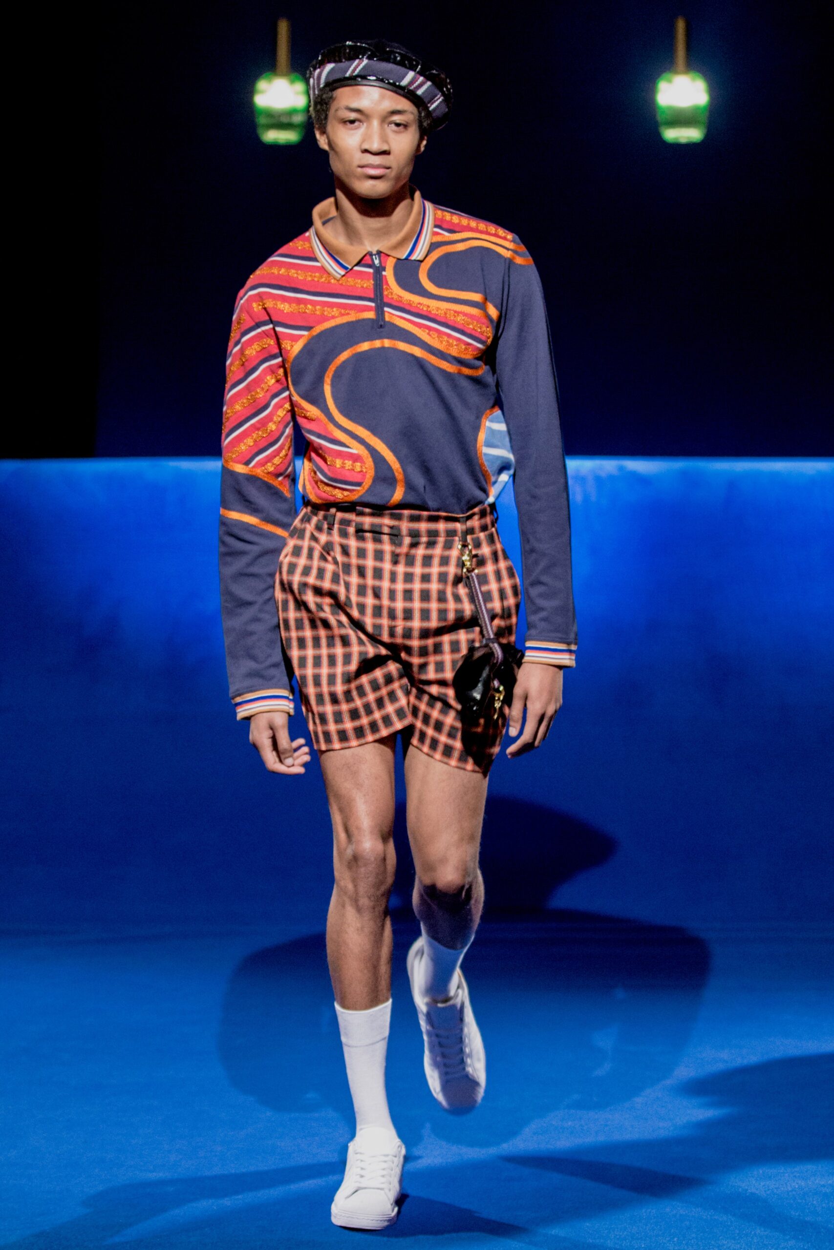 blue printed shirt with checked shorts