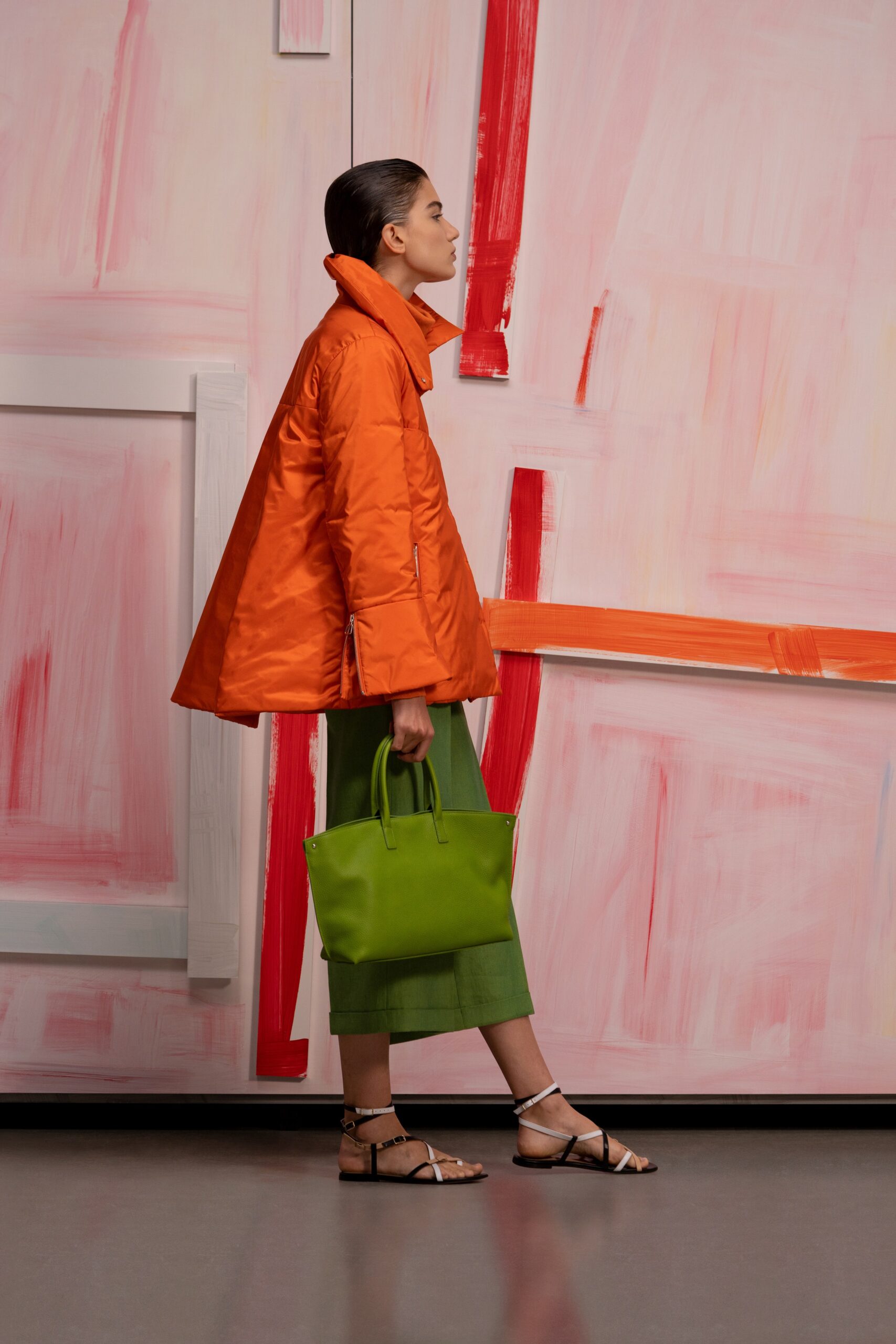 orange vinyl long-sleeve collared oversized zippered jacket
