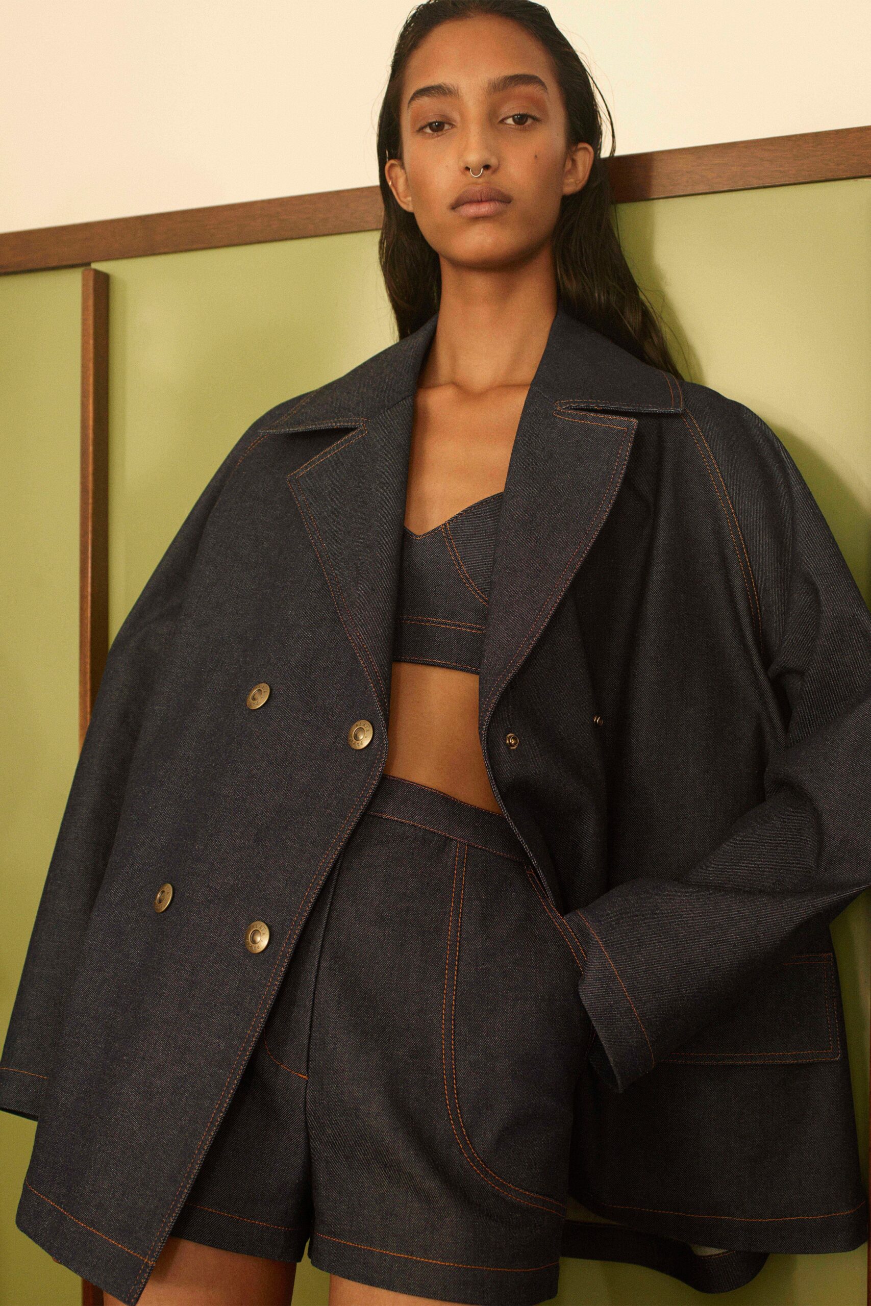 blue denim oversized jacket with fitted top and shorts
