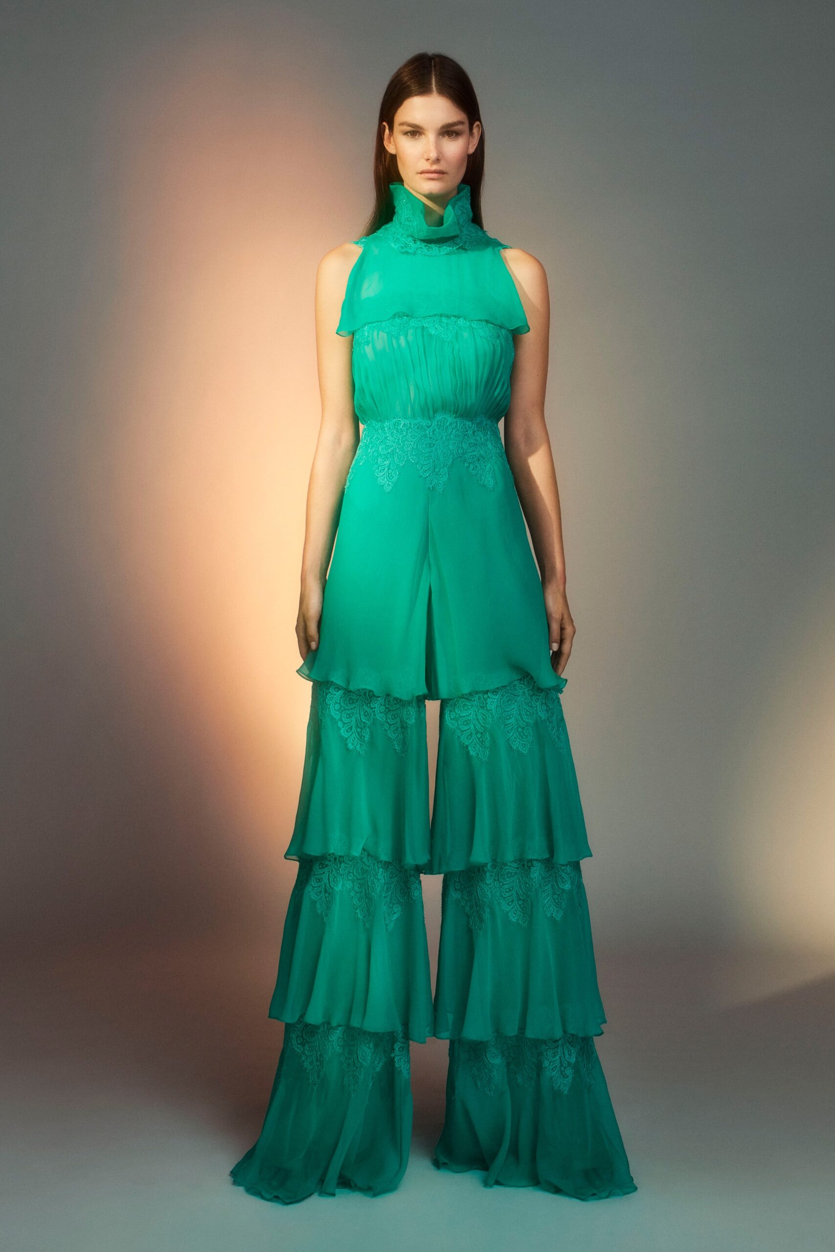 green silk sleeveless jumpsuit