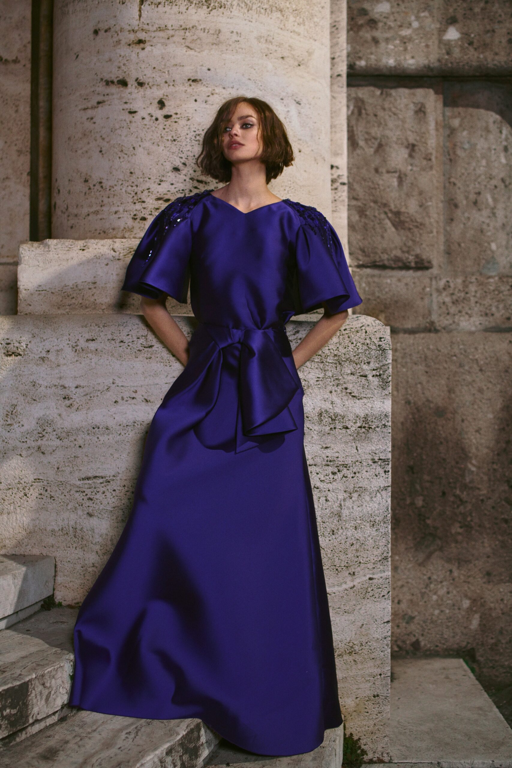 purple silk fitted gown