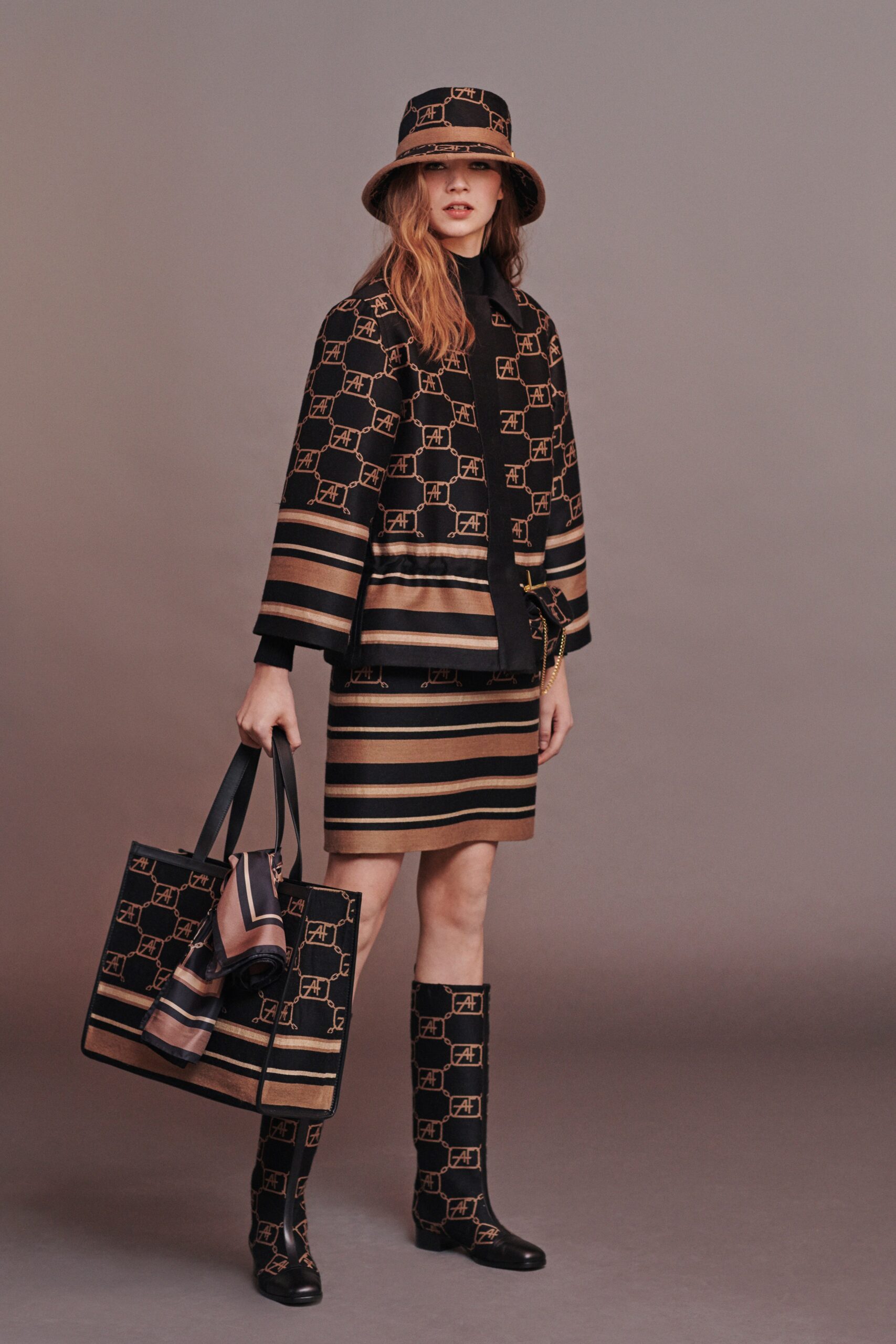 black and beige color-blocked outfit