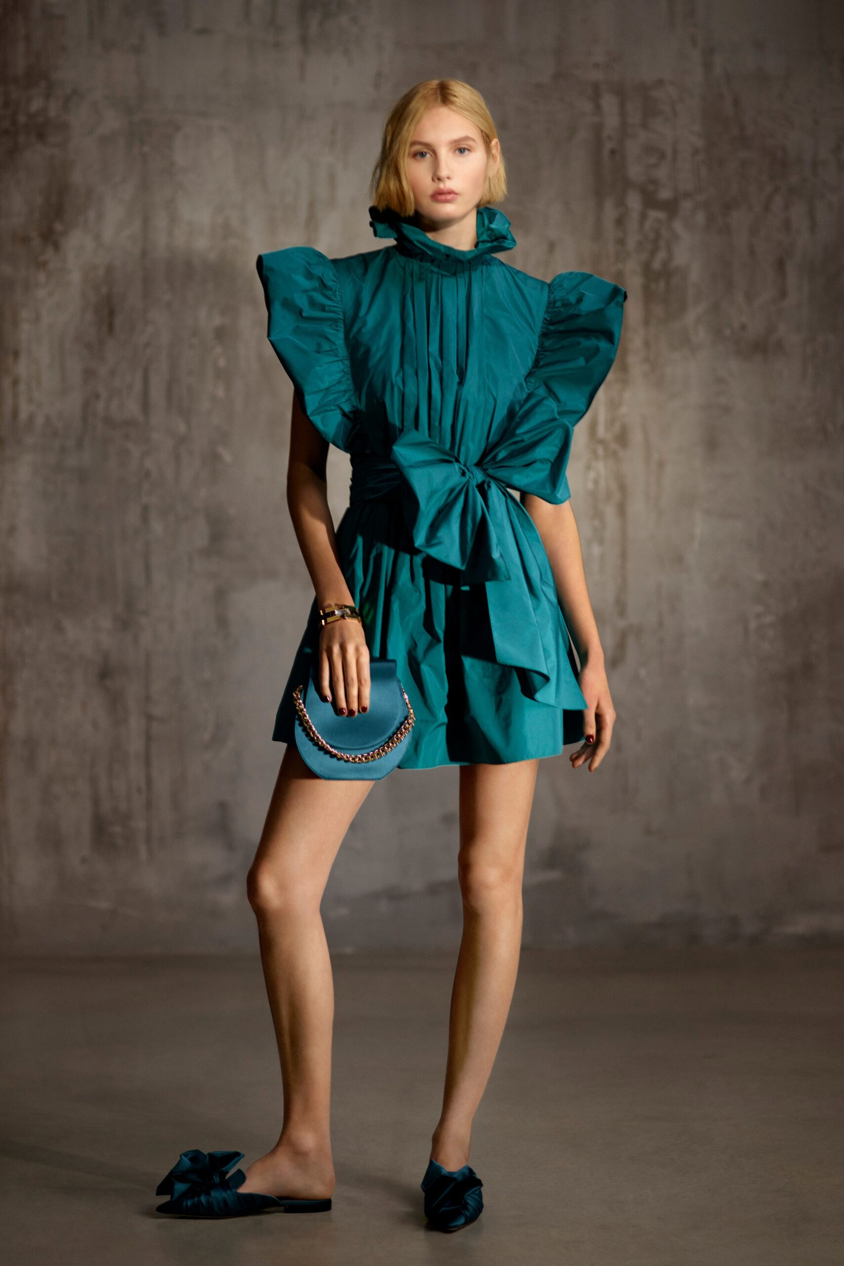 teal cotton sleeveless high-neck fitted pleated ruffled dress