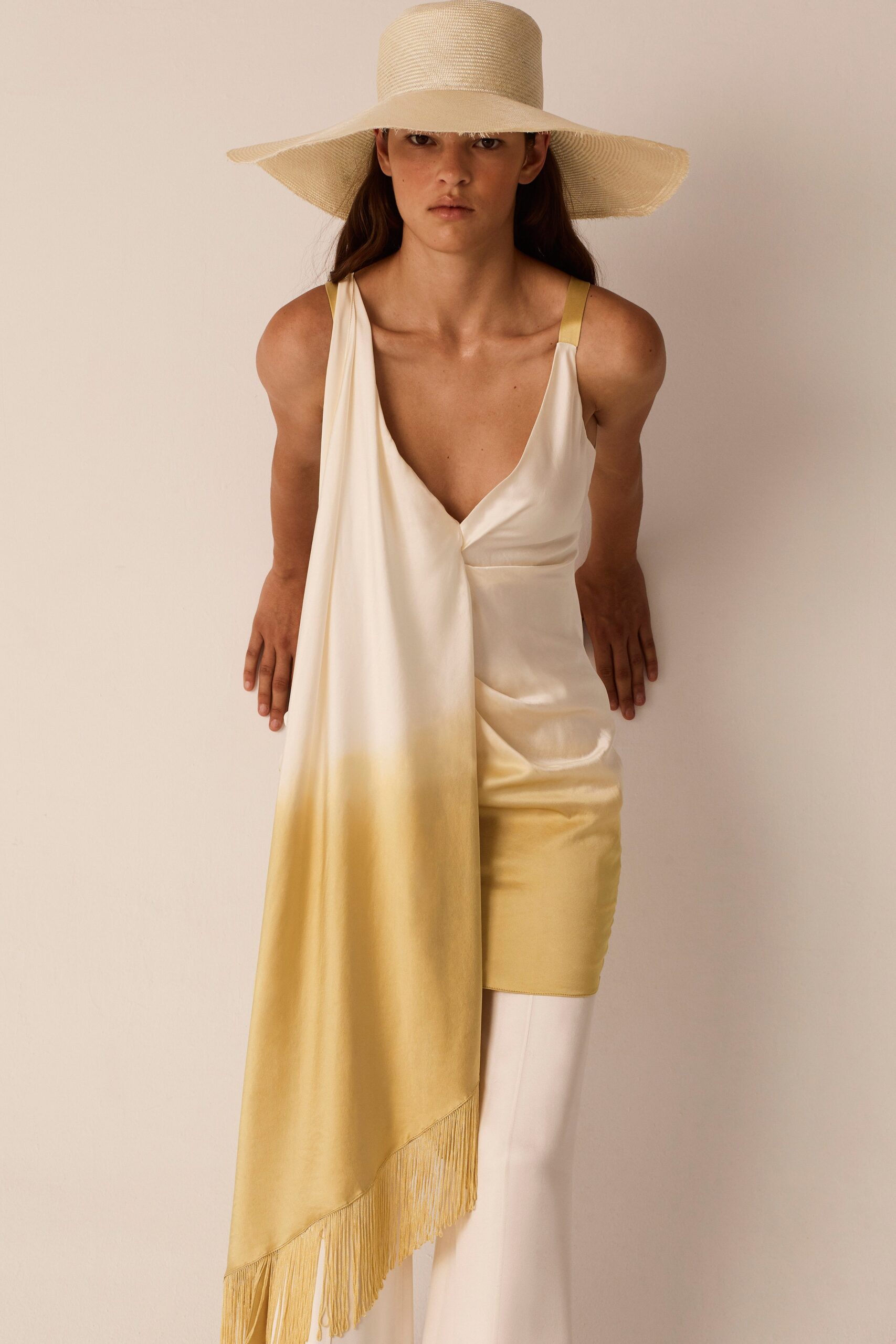white silk top with yellow accents