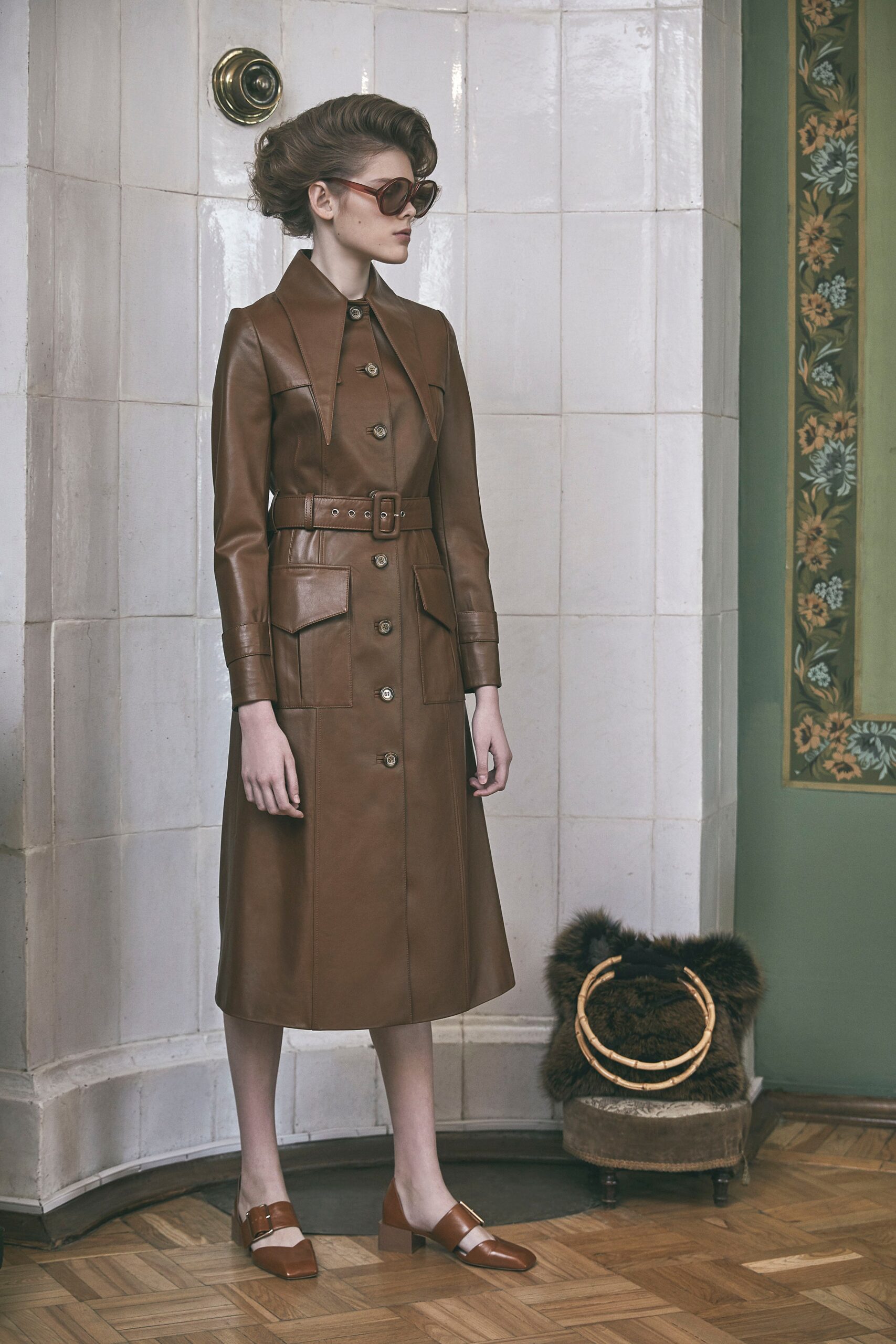 brown leather belted midi dress