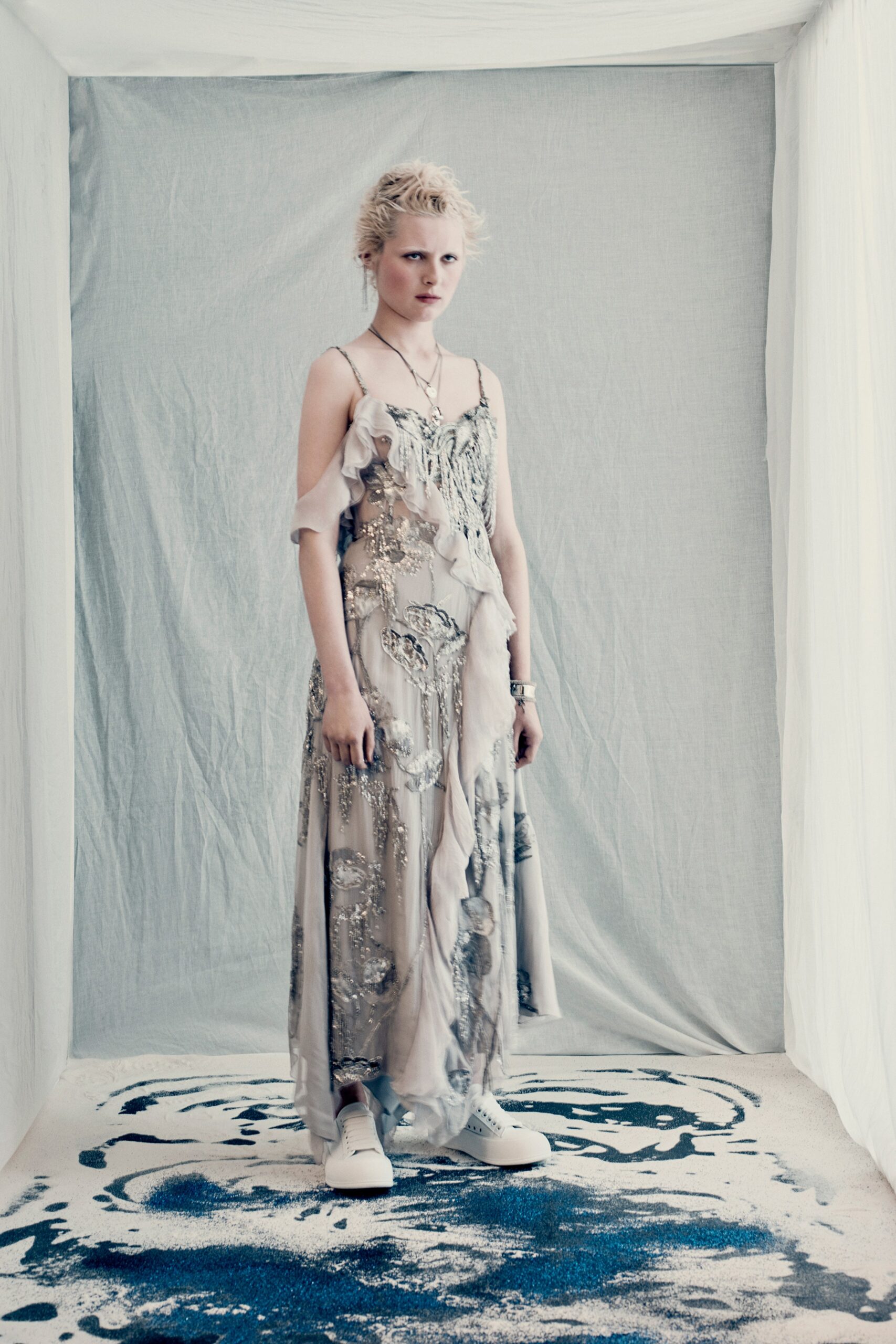 beige gray embroidered maxi dress