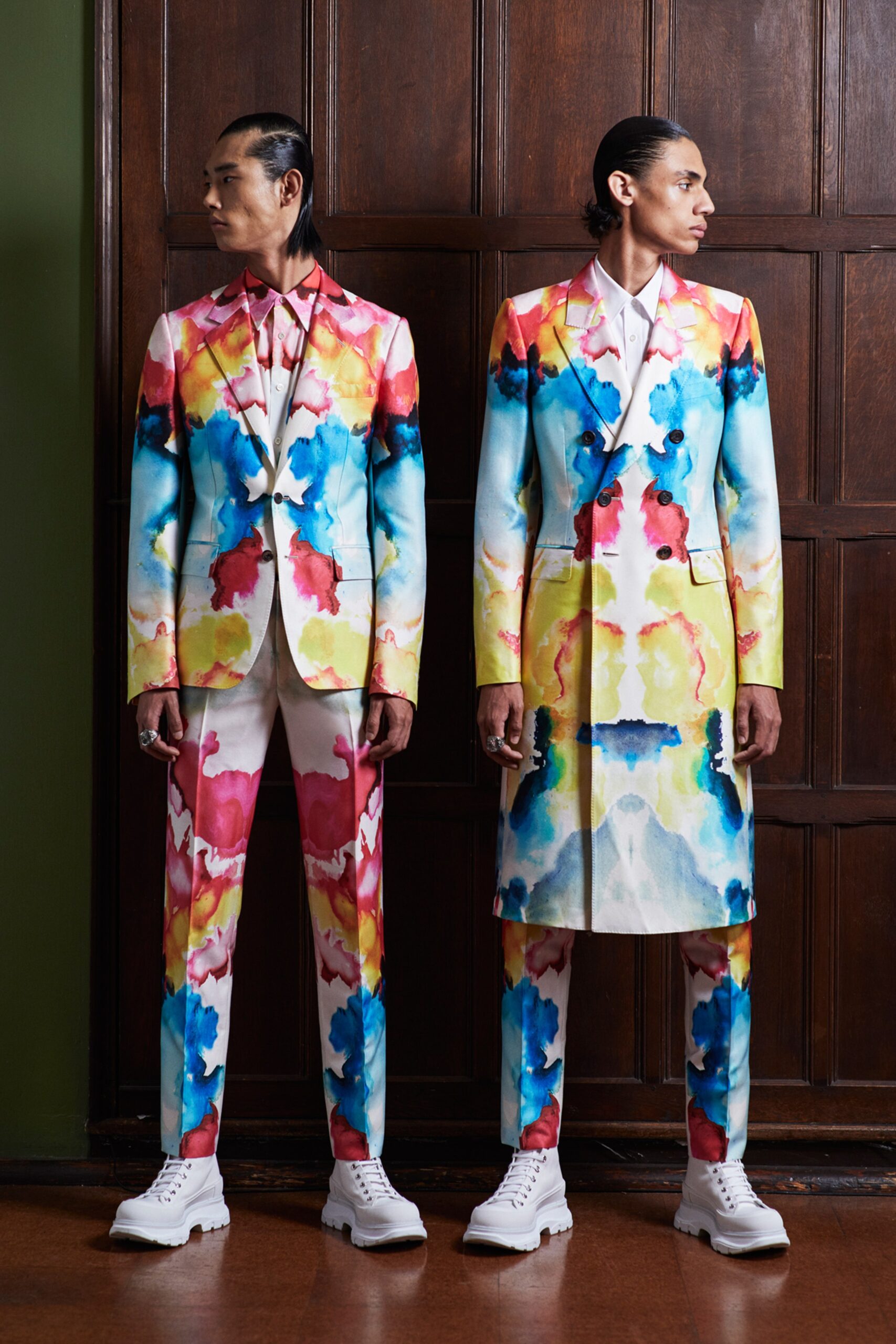 colorful printed suit and coat