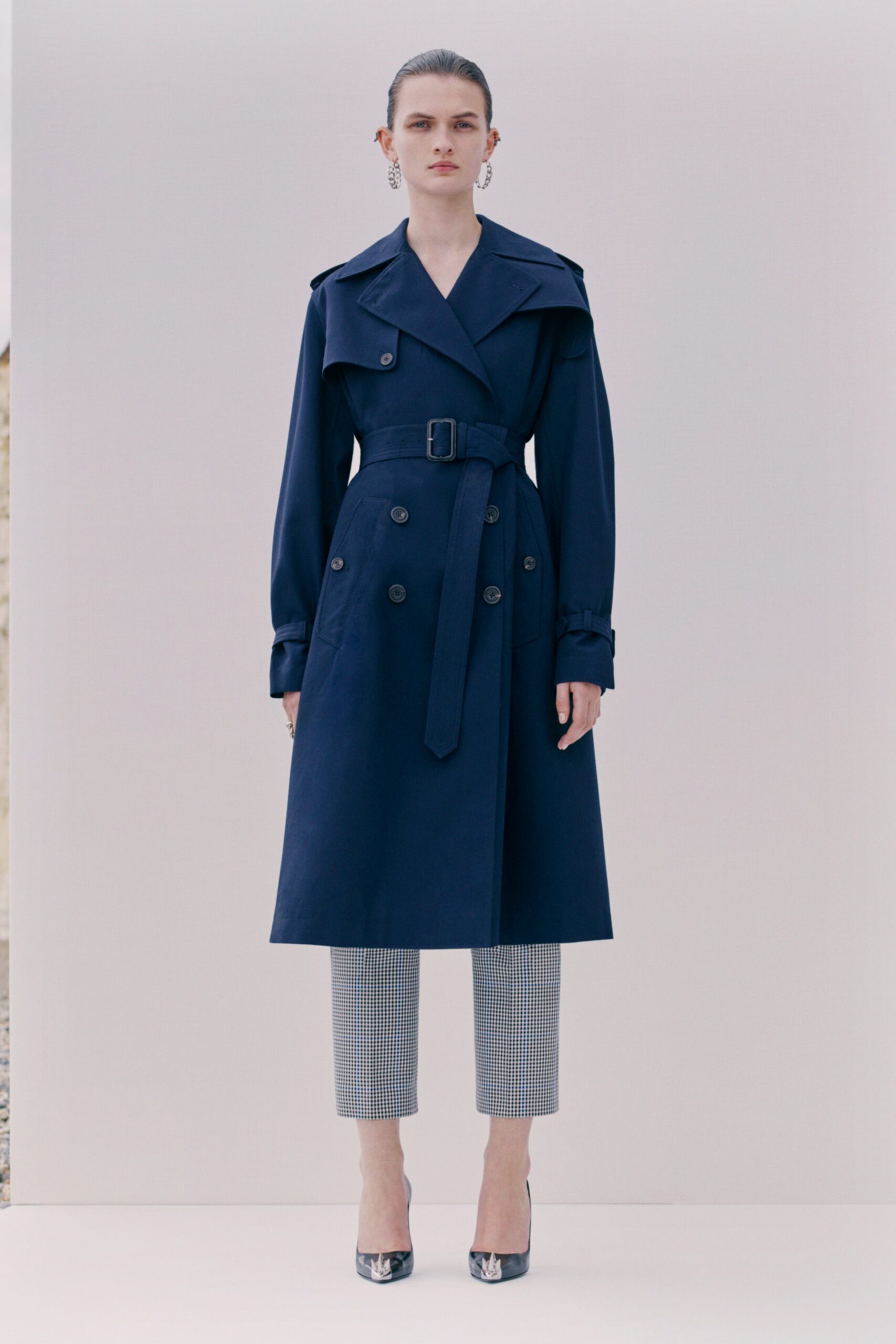 blue cotton long-sleeve collared tailored belted trench