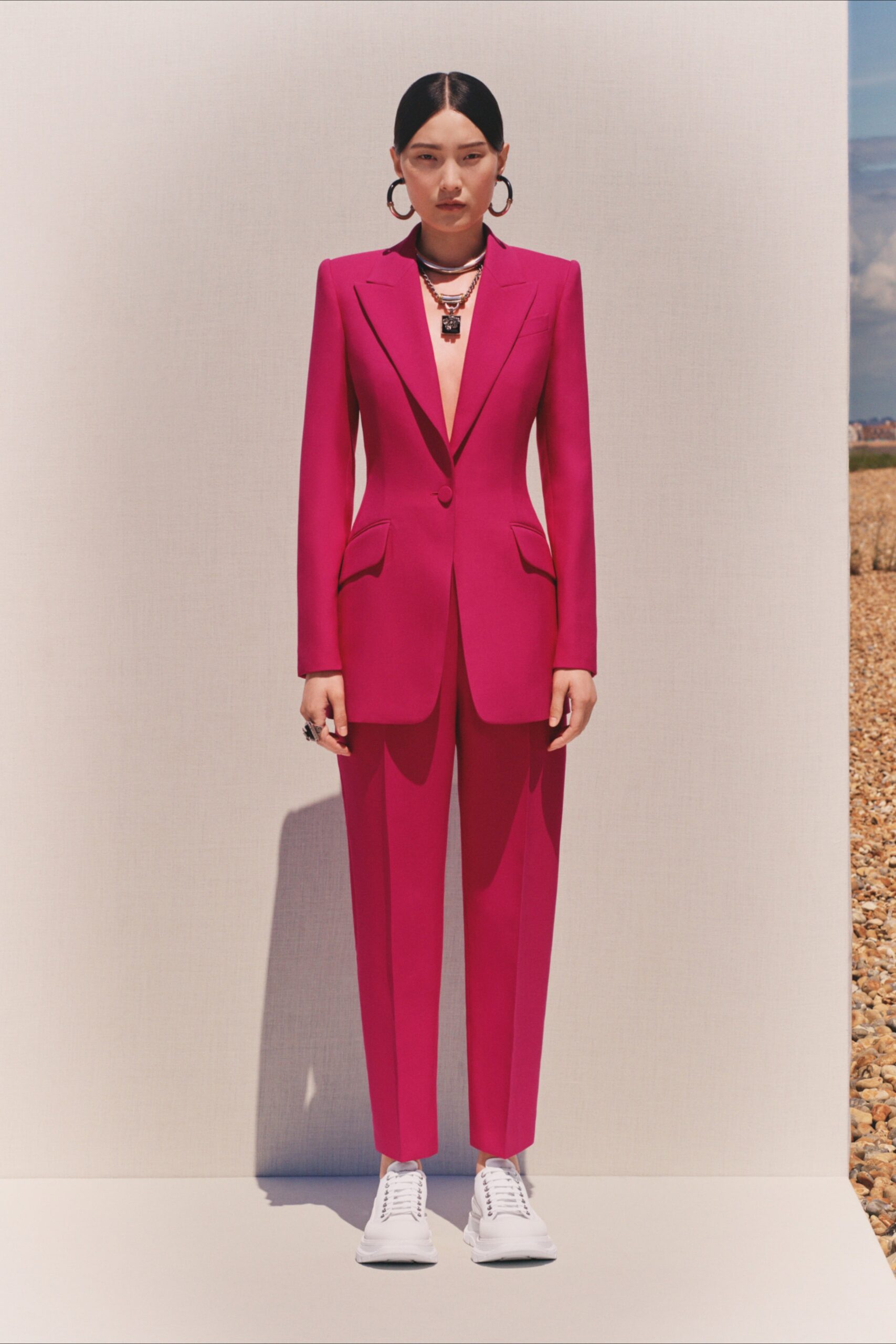 pink cotton long-sleeve collared tailored buttoned suit