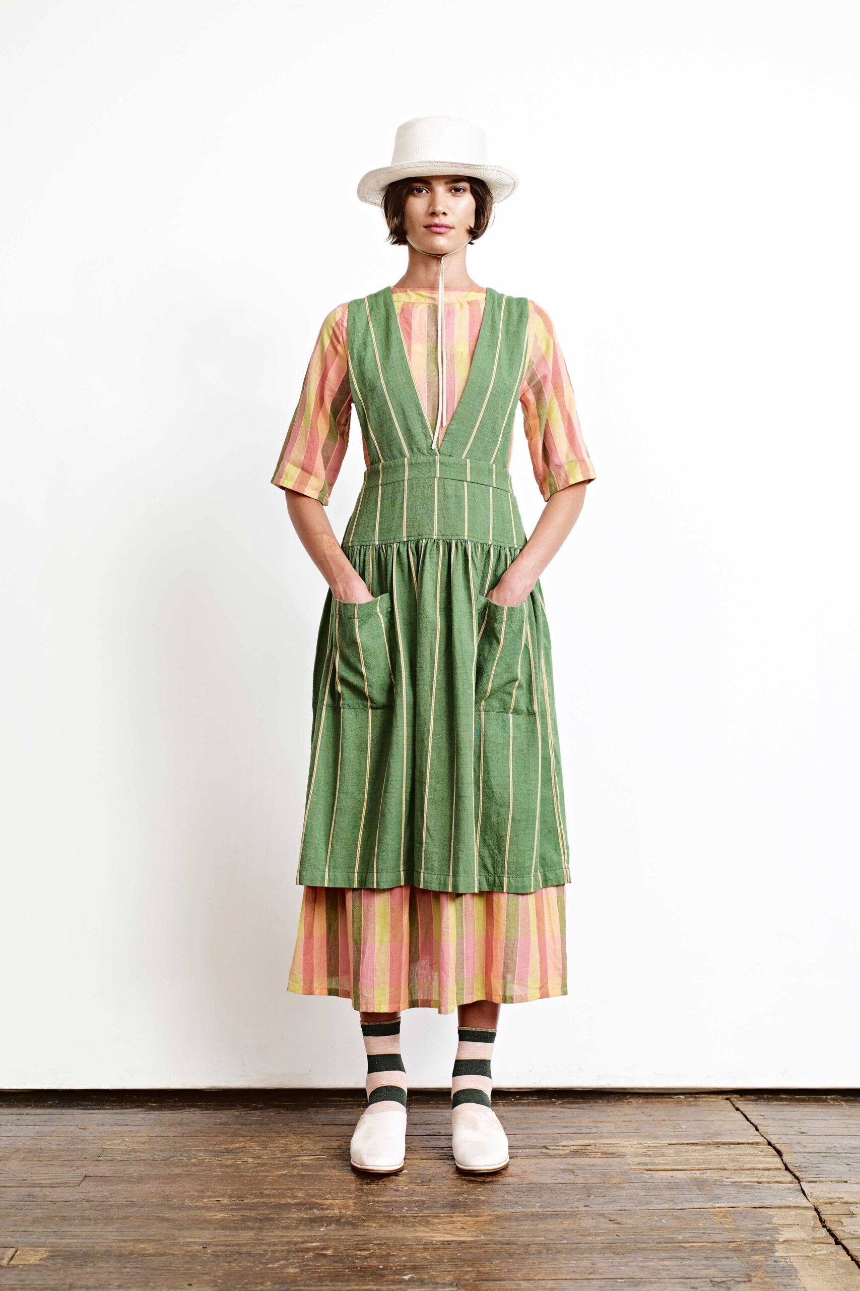 green and pink midi dress with pockets