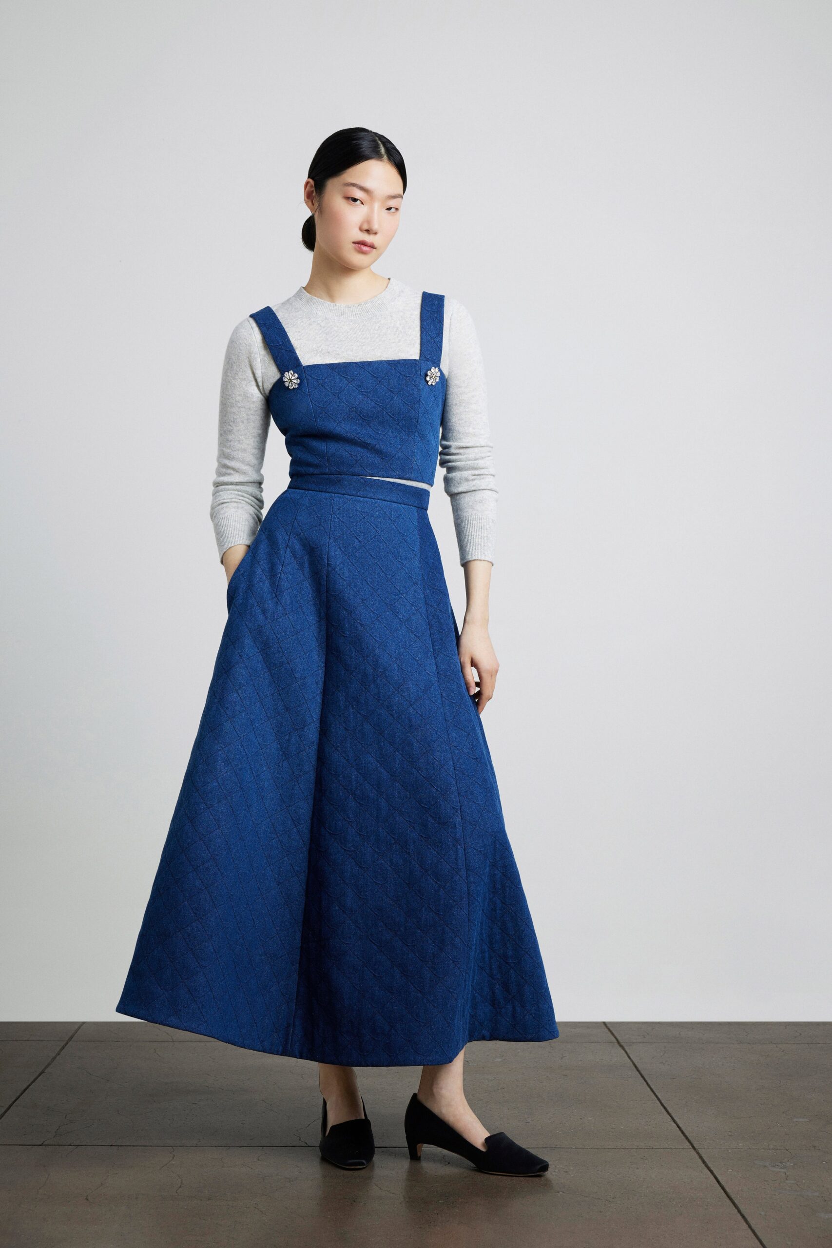 blue a-line maxi dress with gray top