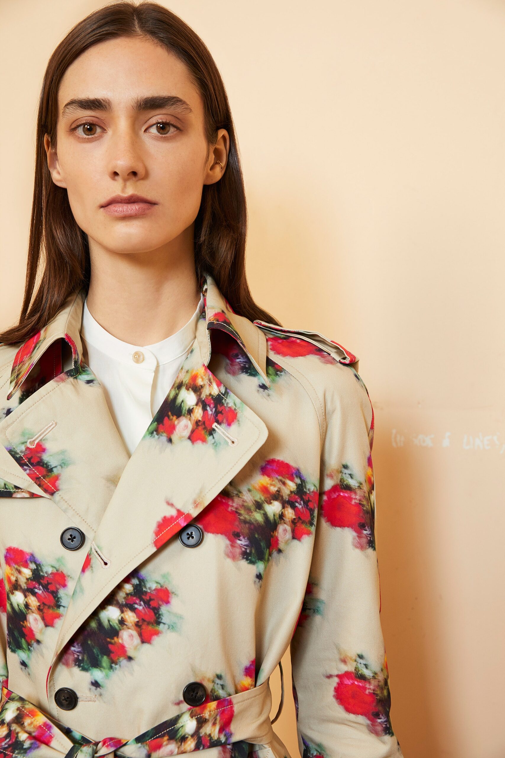 floral beige trench coat and white shirt