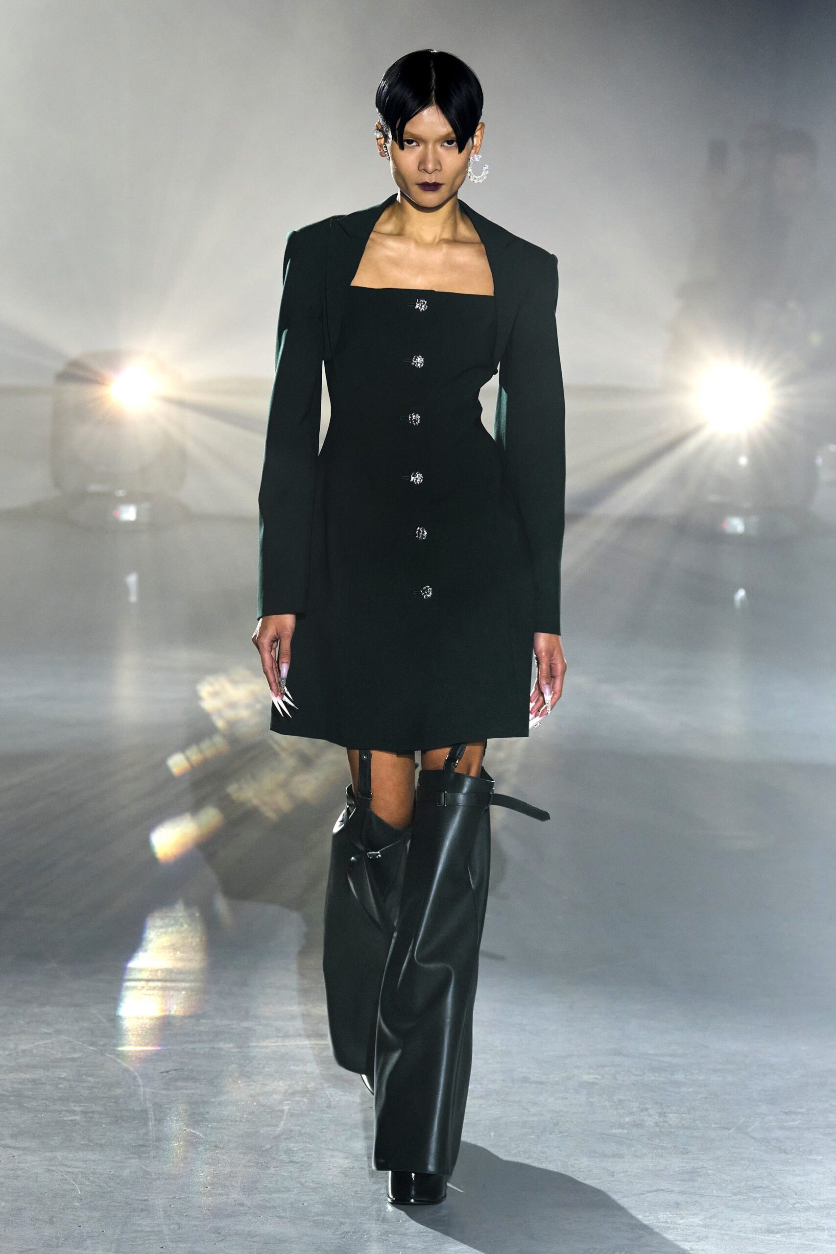 black leather long-sleeve square-neck fitted buttoned mini dress