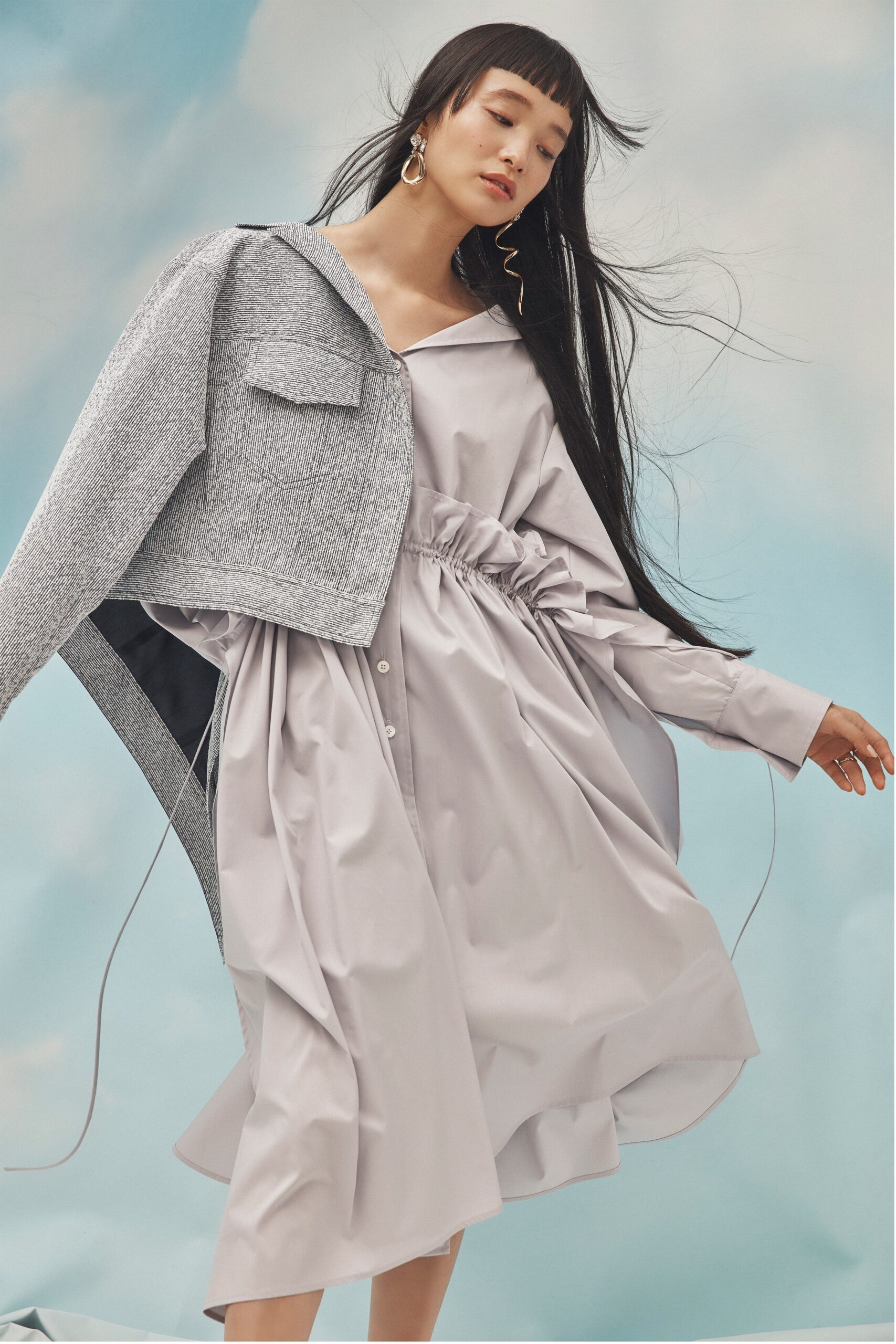 gray relaxed midi dress with structured jacket