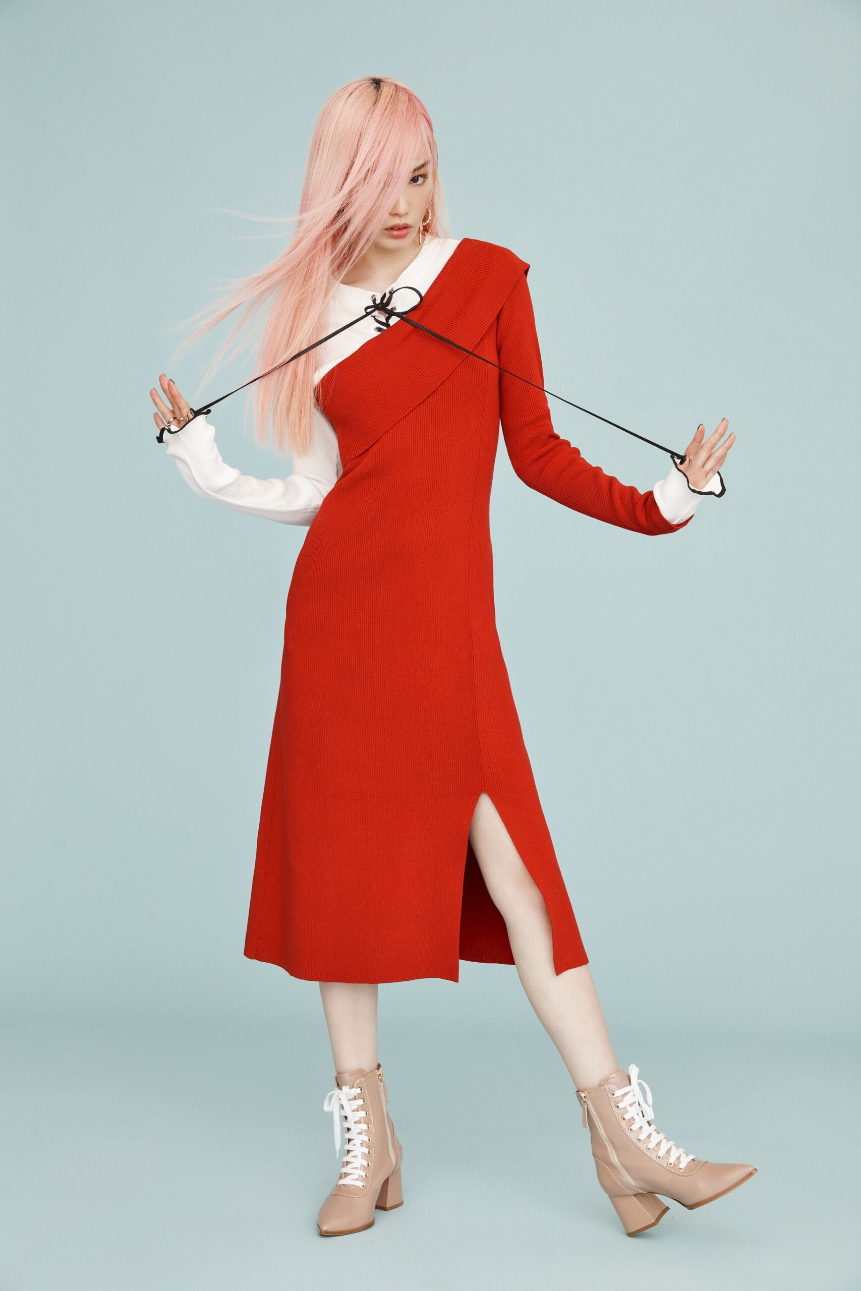 red midi dress with asymmetric design