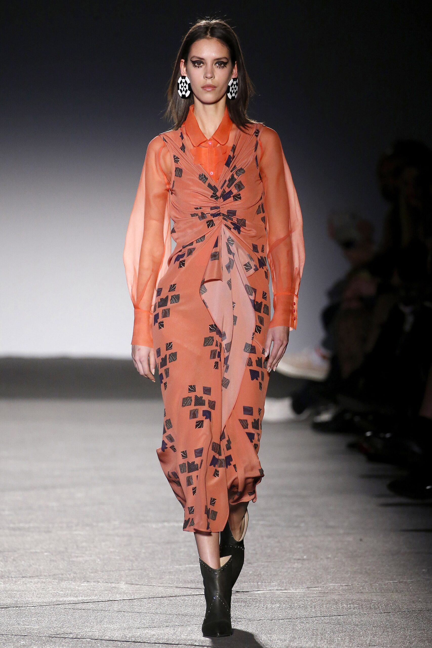 orange silk printed midi dress
