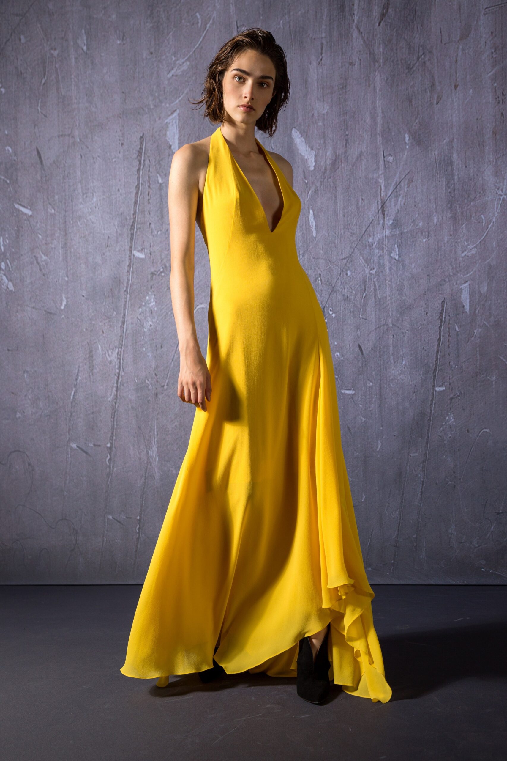 yellow silk sleeveless gown