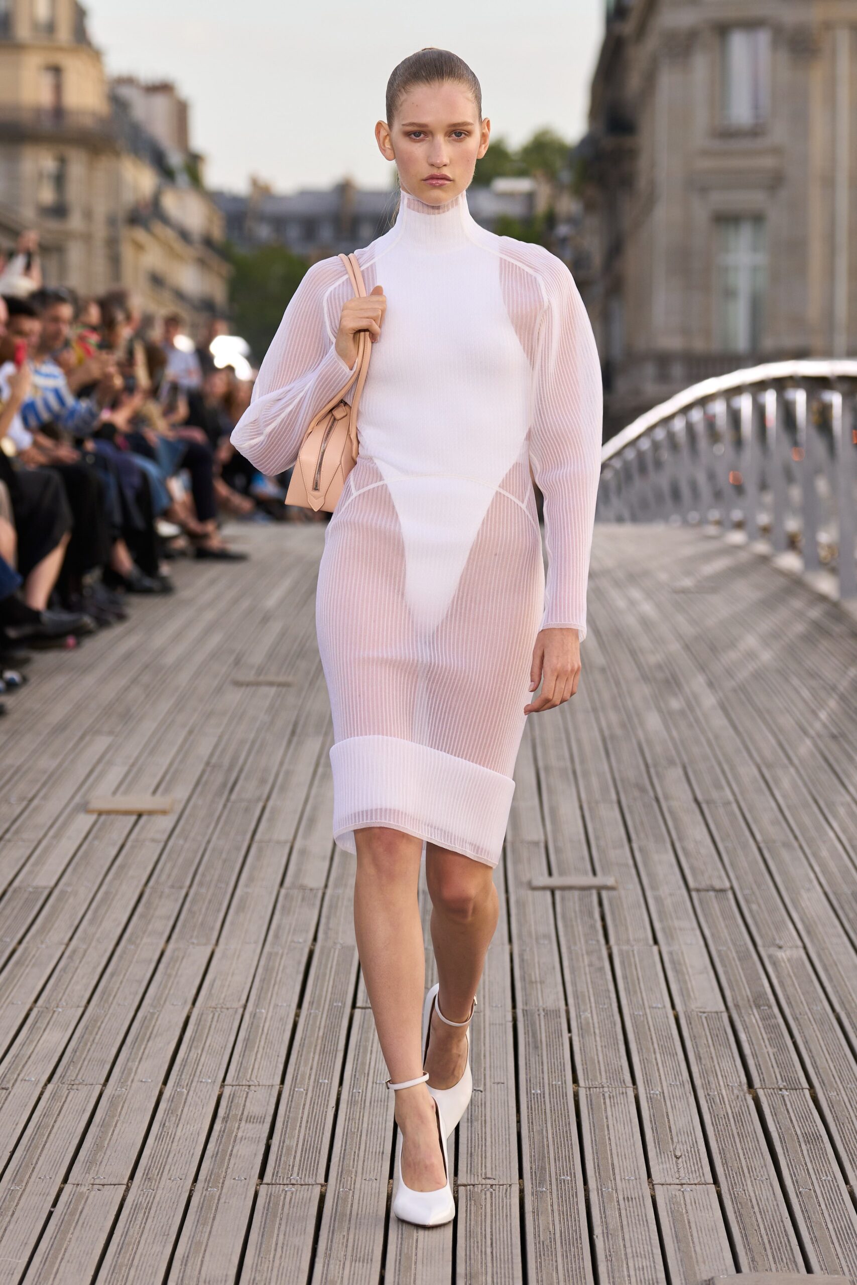 white mesh long-sleeve high-neck fitted ruched sheer dress