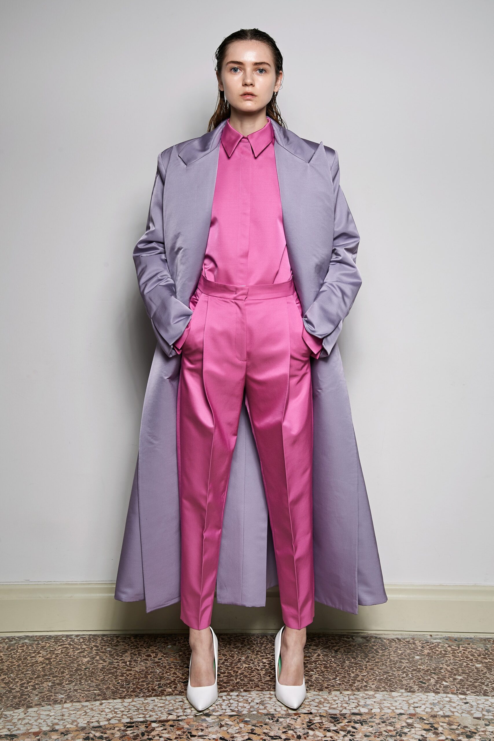 purple satin coat with pink outfit