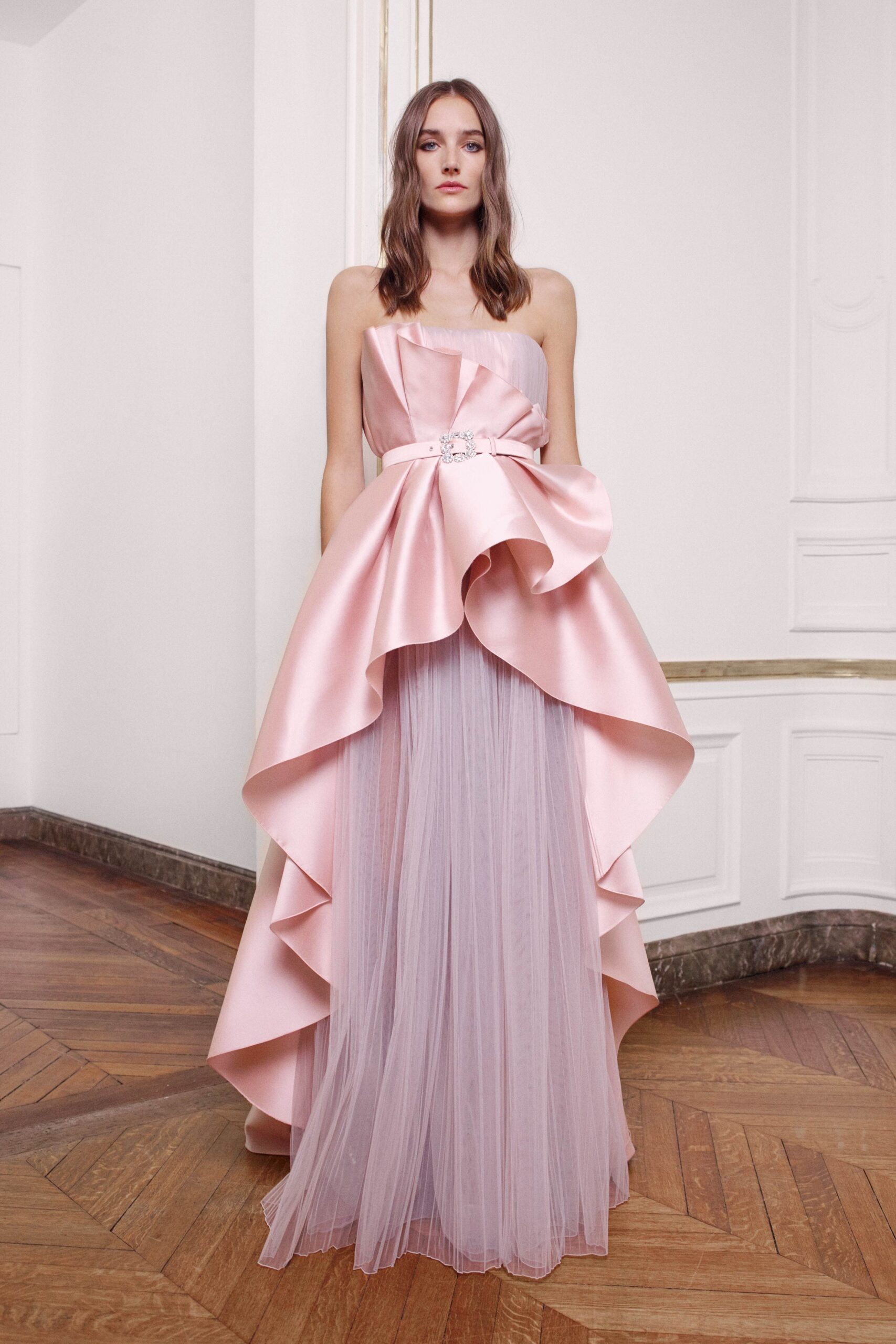 pink strapless ruffled gown