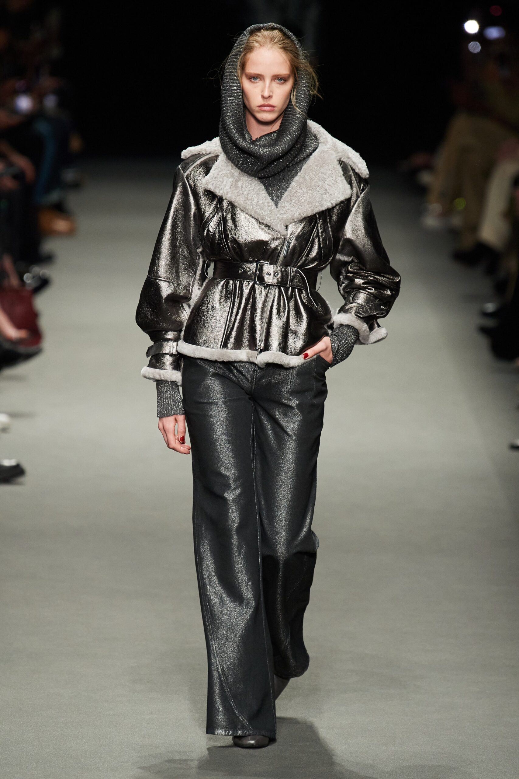 metallic gray fitted jacket and relaxed pants