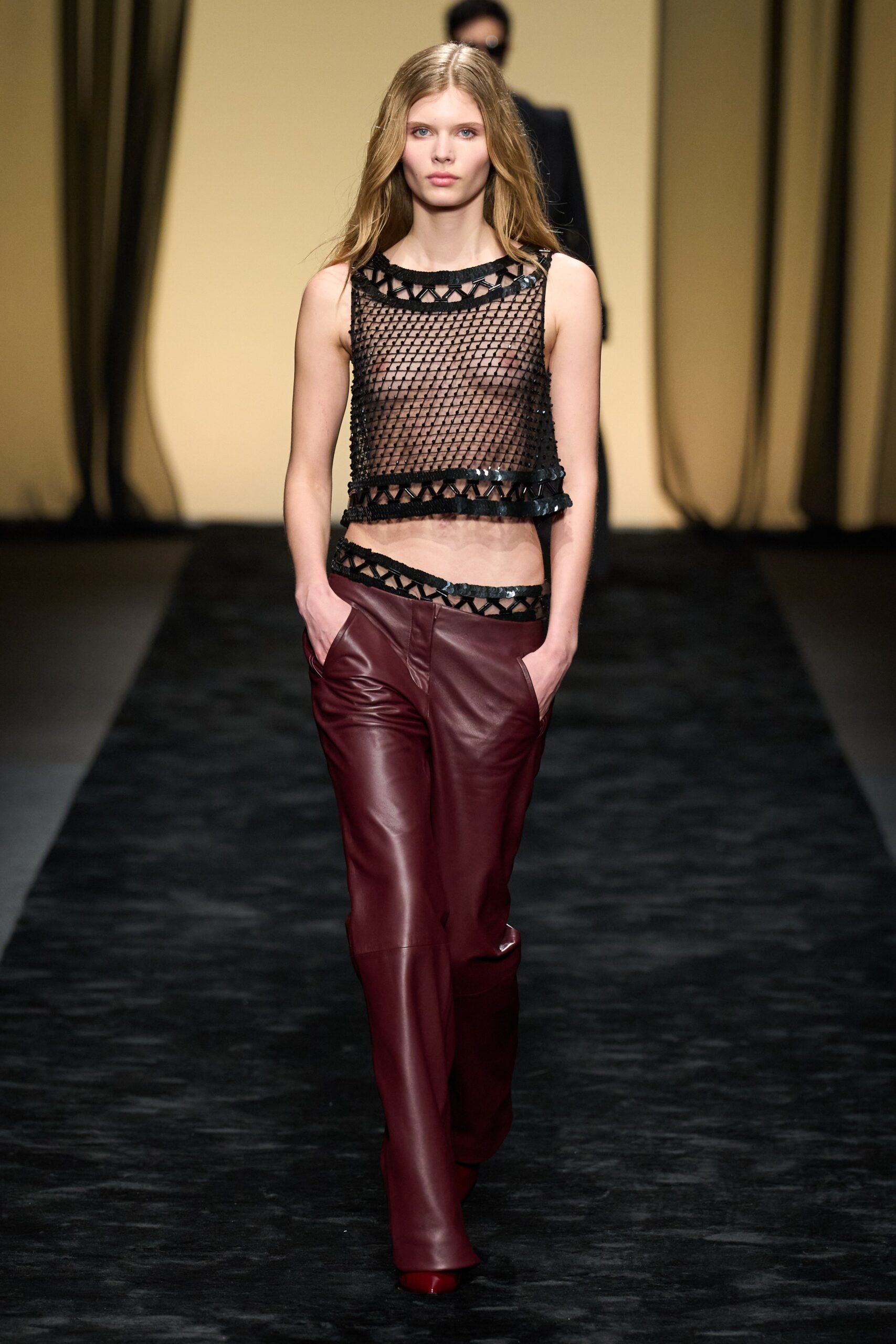 maroon leather tailored straight-leg pants