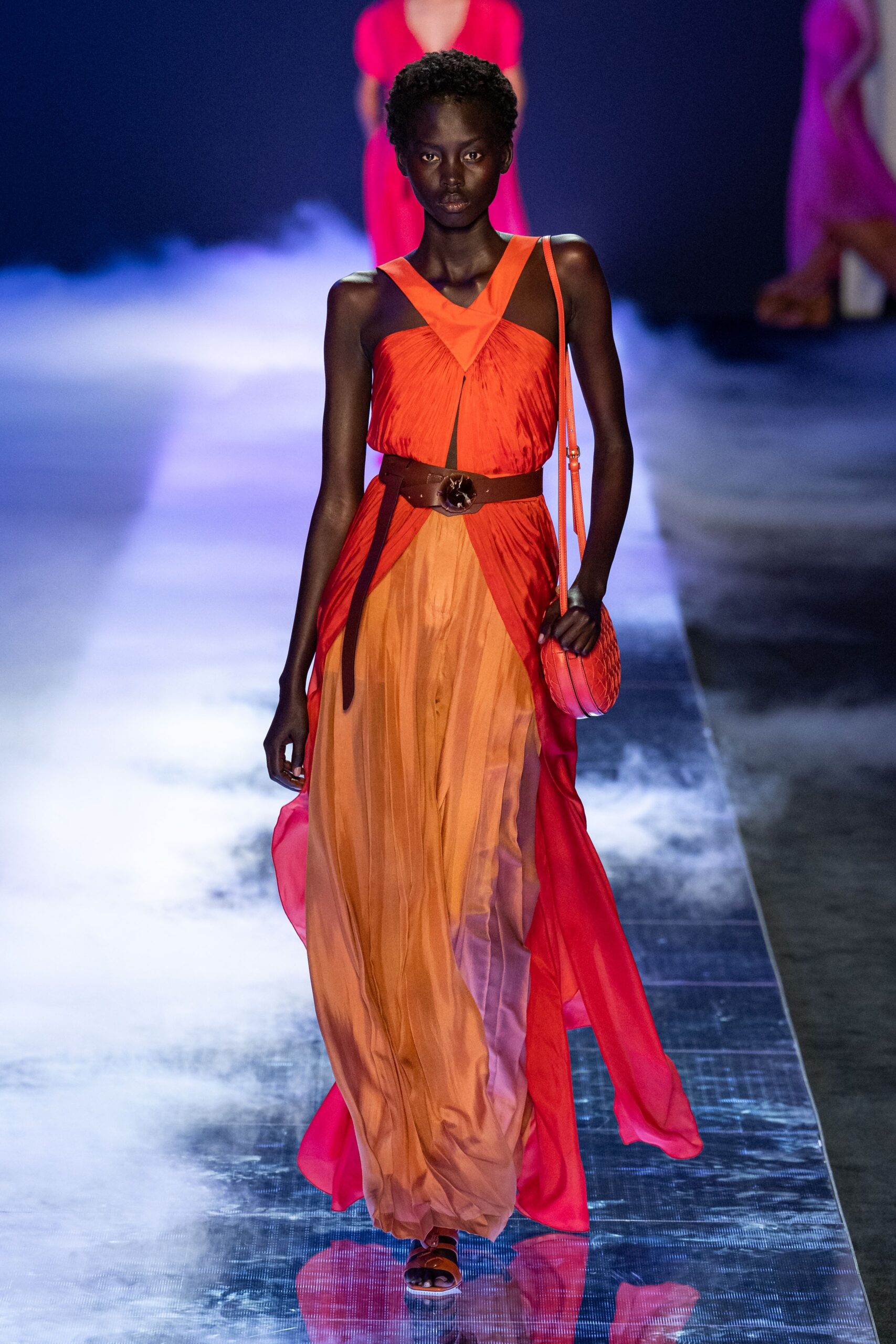 orange and pink draped maxi dress