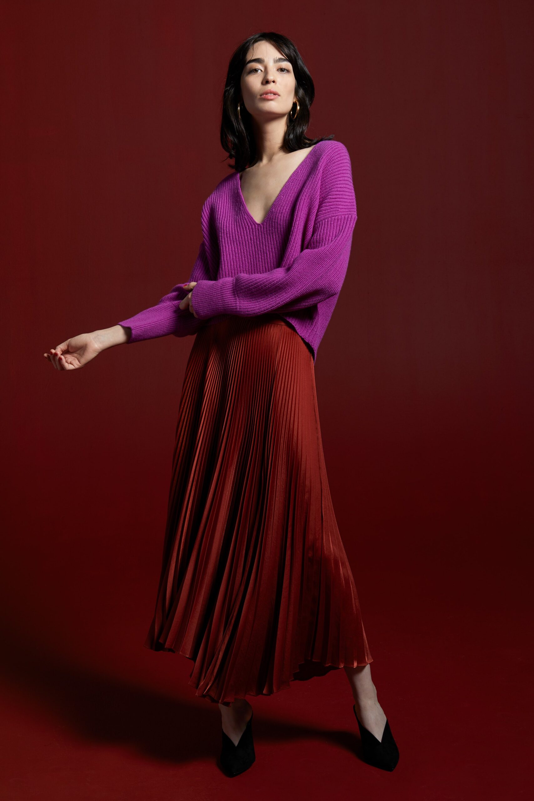 red silk fitted high-waisted pleated flowing midi skirt