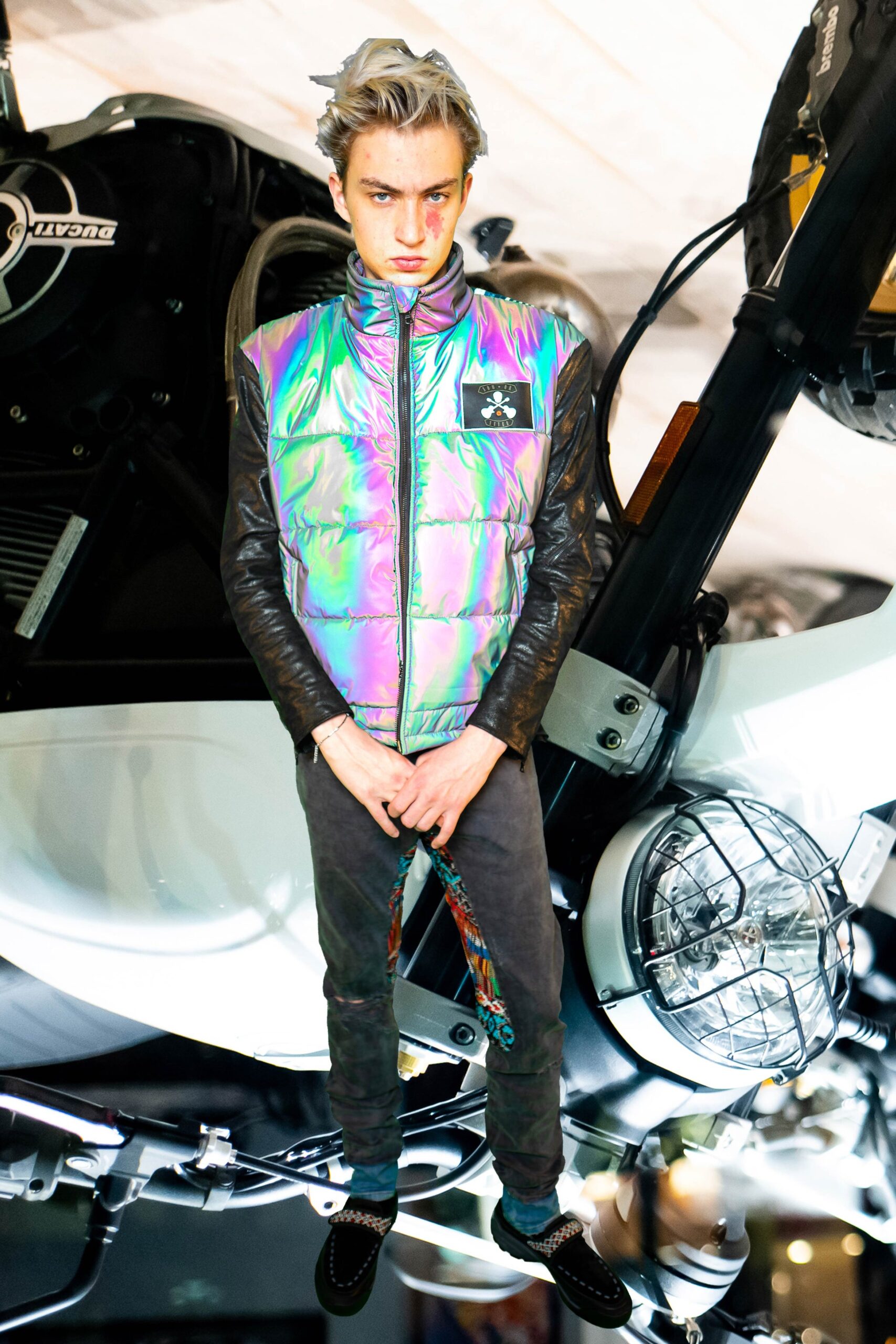 multi vinyl long-sleeve collared fitted zippered shiny jacket