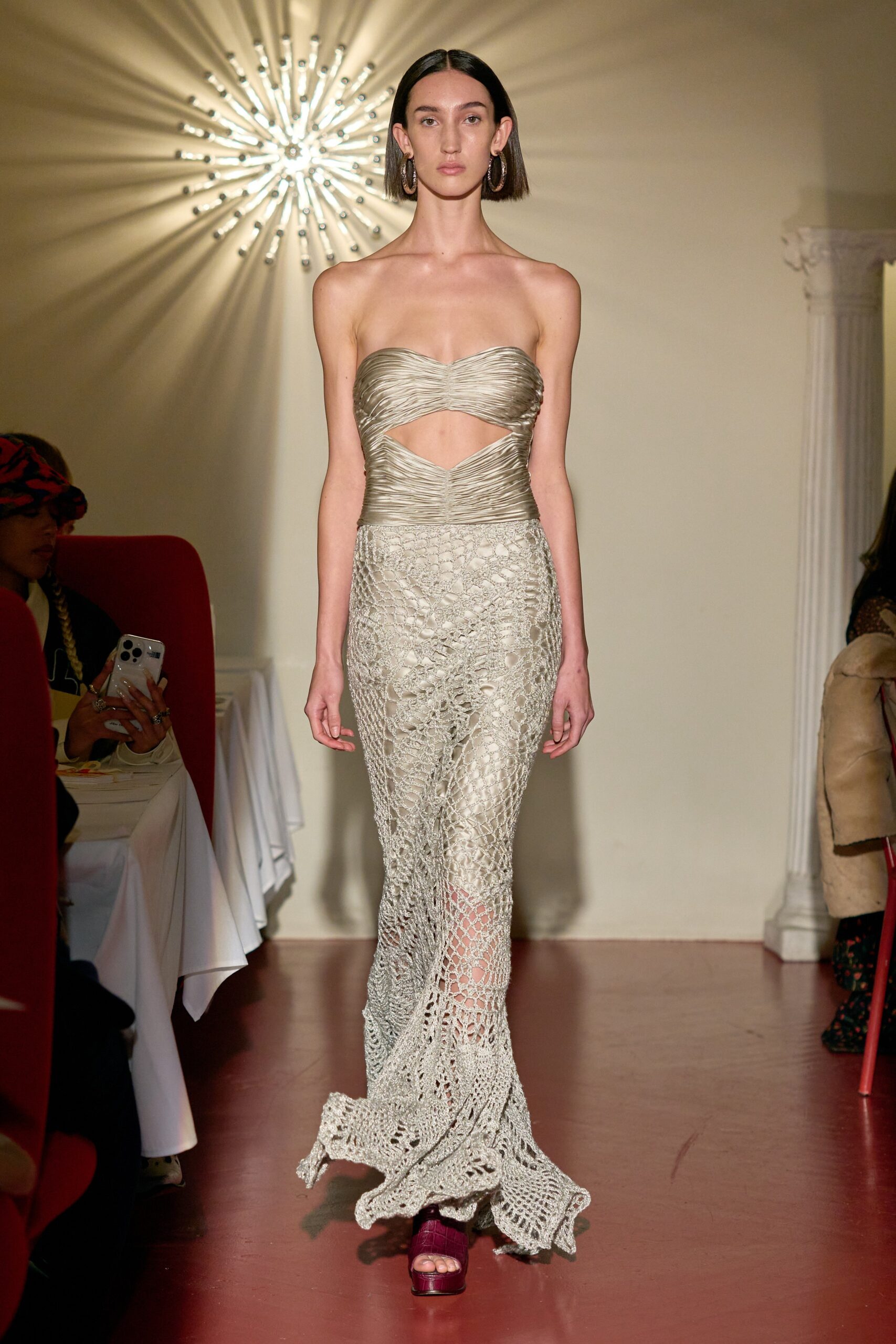 silver lace strapless gown