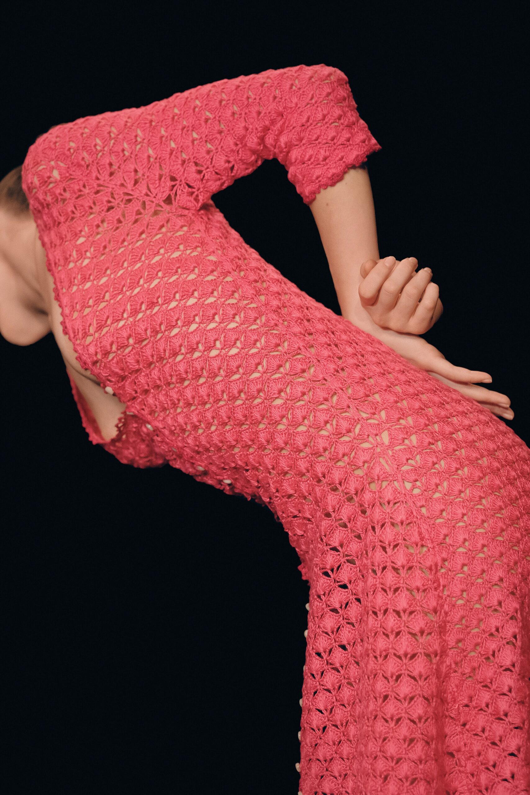 fitted pink crochet dress