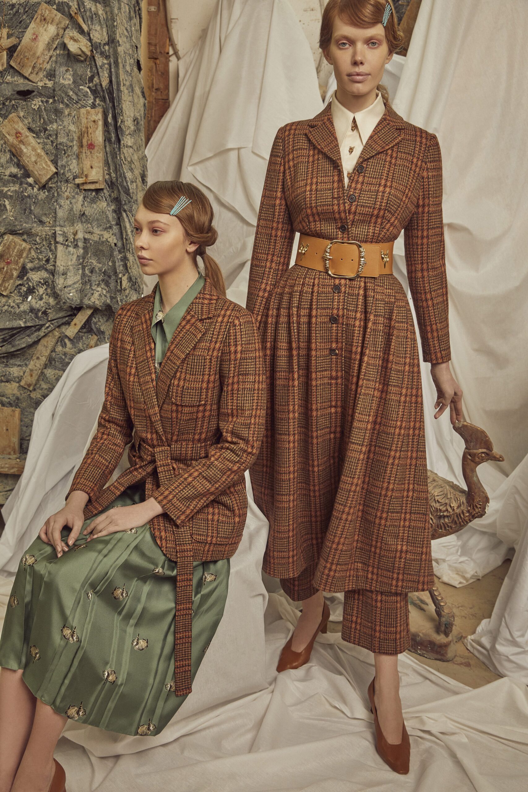 brown plaid blazer and green dress