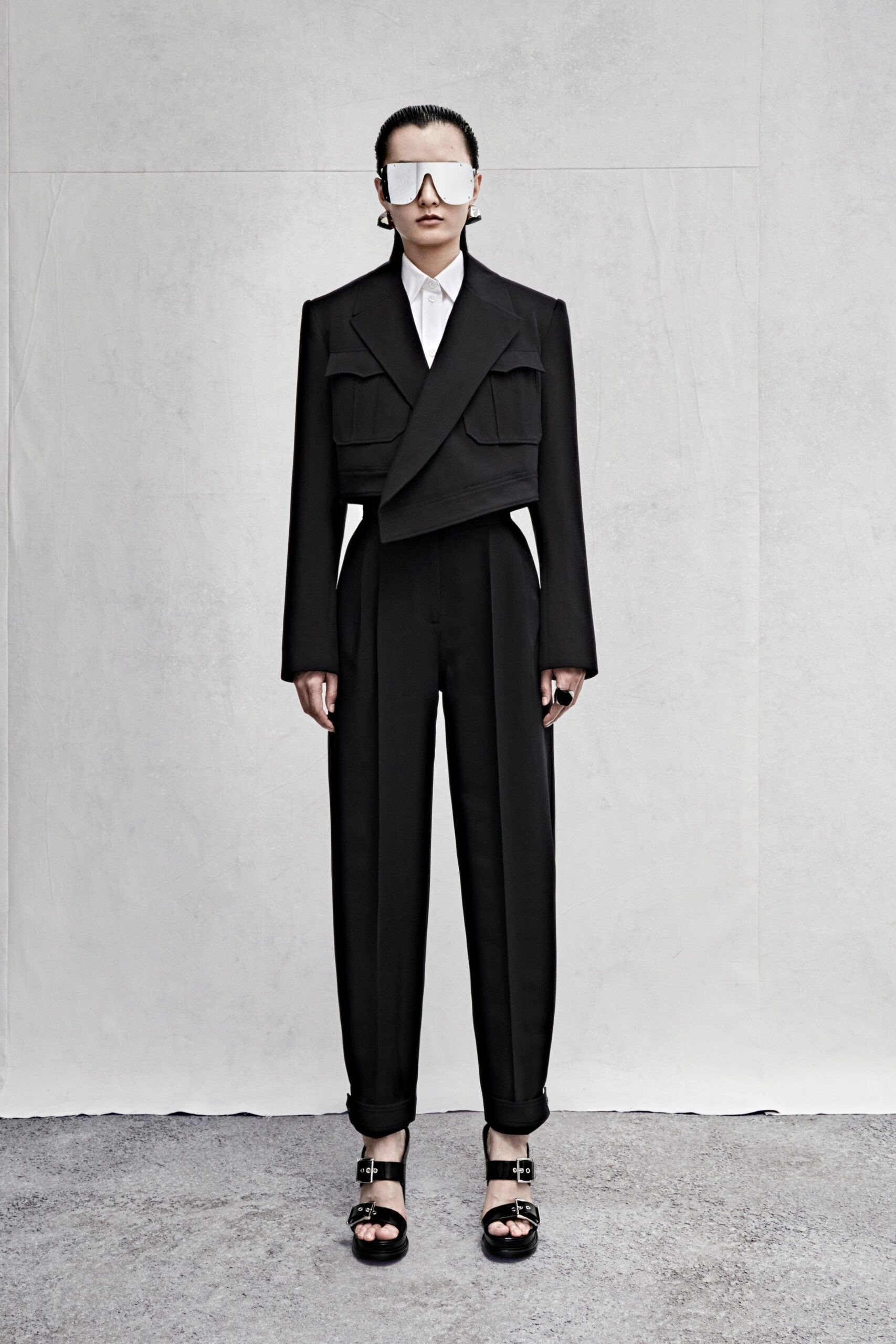 black tailored blazer with relaxed pants