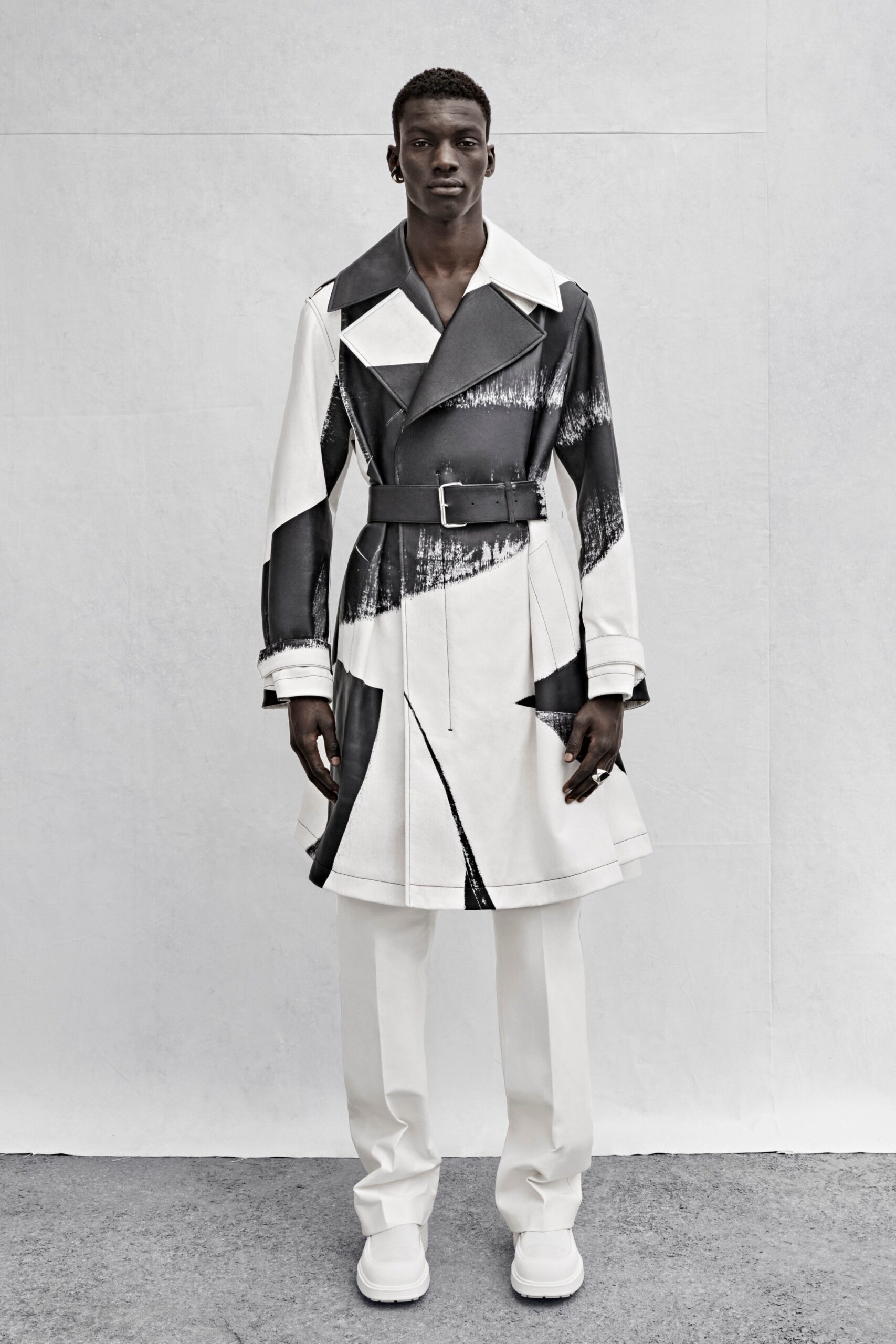 black and white belted coat