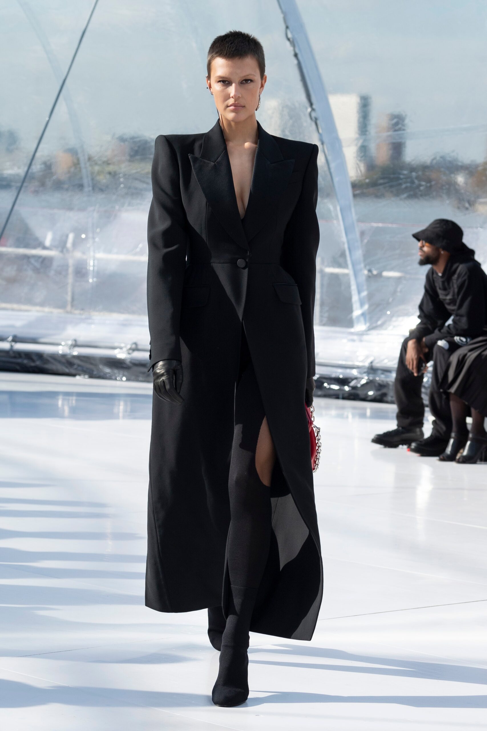 black fitted maxi dress with gloves