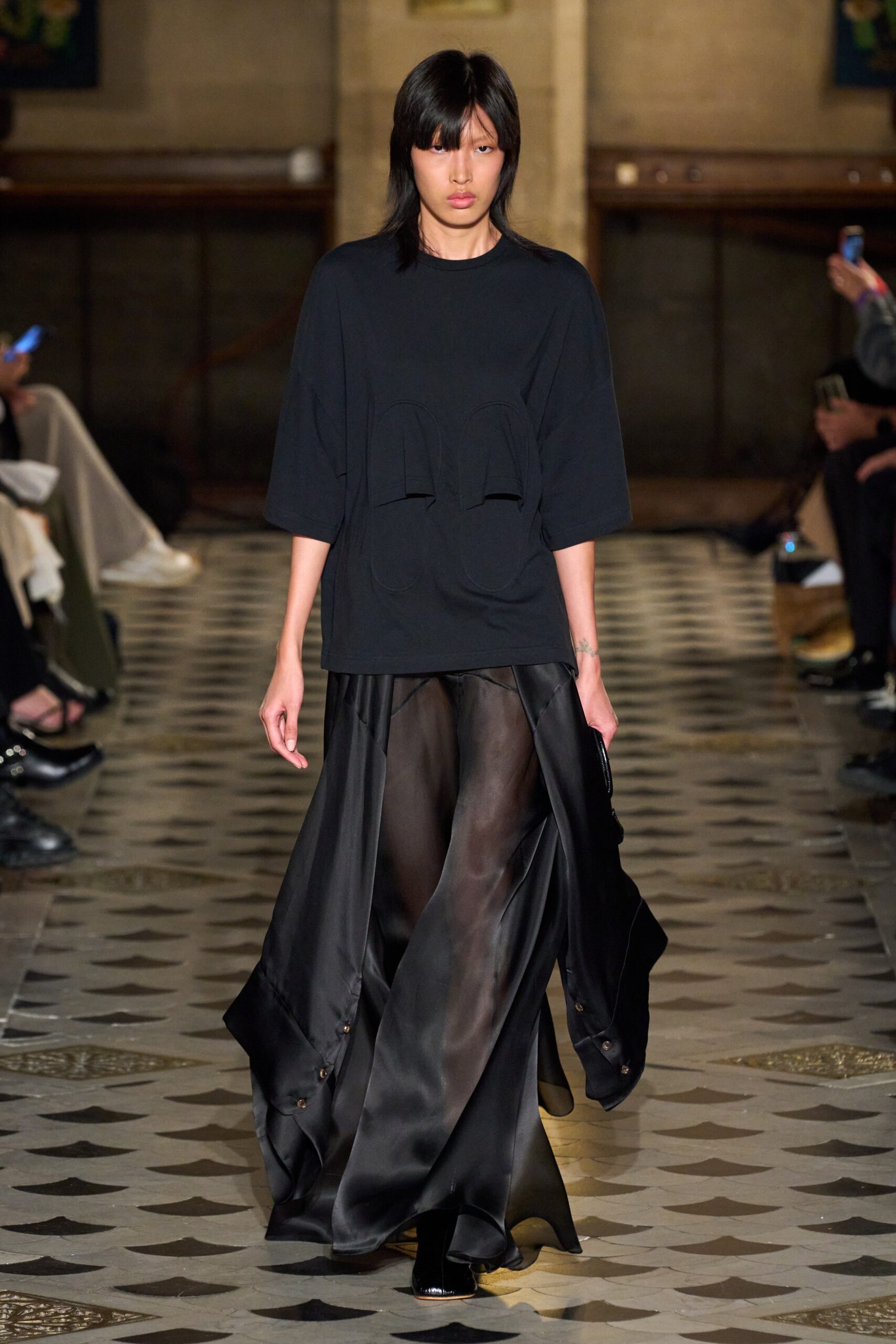 black silk long-sleeve high-neck fitted flowing maxi skirt
