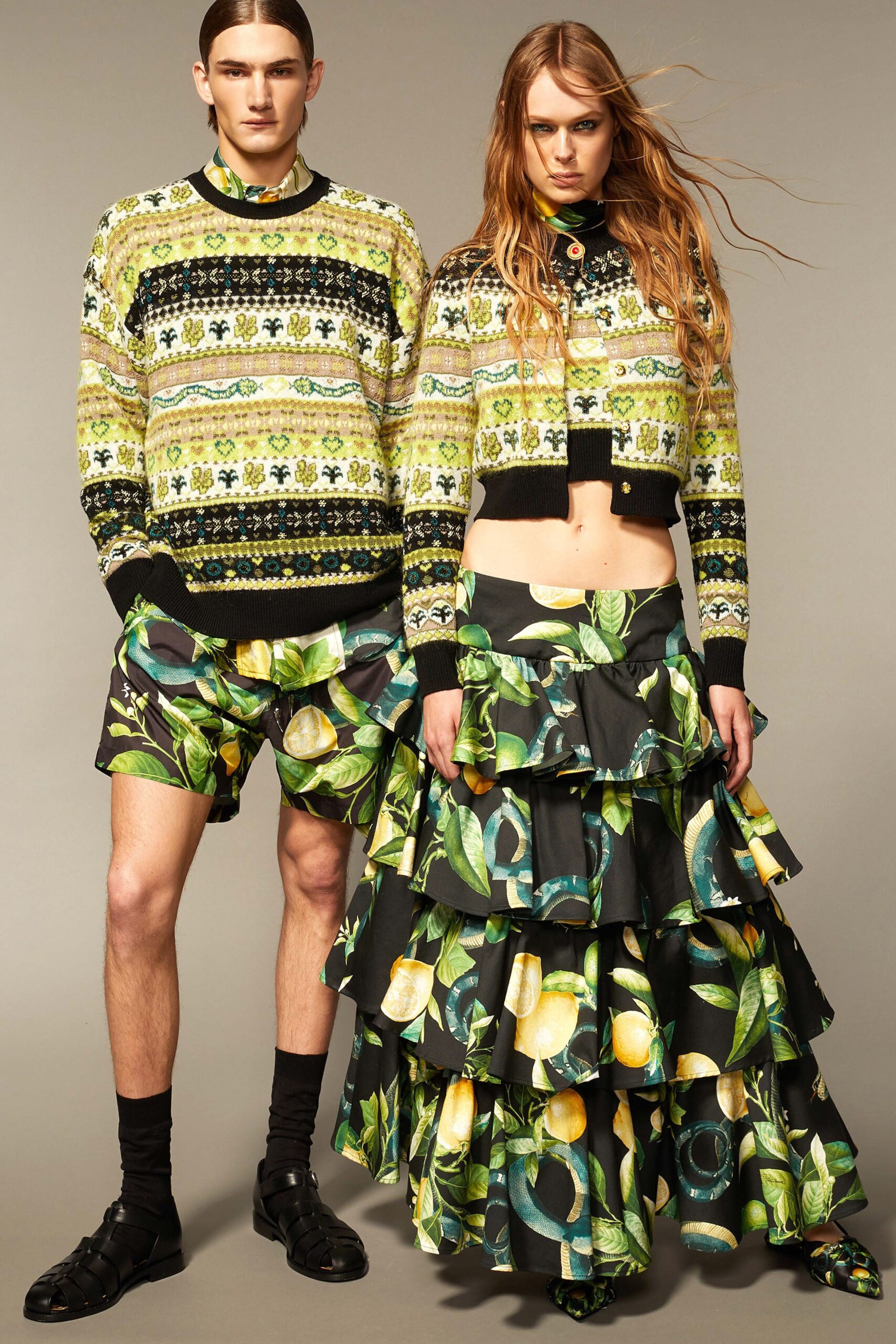 green wool fitted sweater with tiered skirt